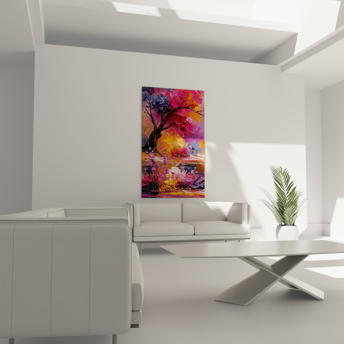 Branches sombres et feuillage orangé d'un arbre au bord de l'eau, au-dessus d'un canapé dans un salon lumineux