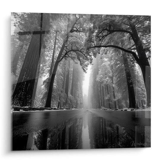 Tableau mural forêt dans la brume avec reflets sur l'eau, photographie noir et blanc artistique nature