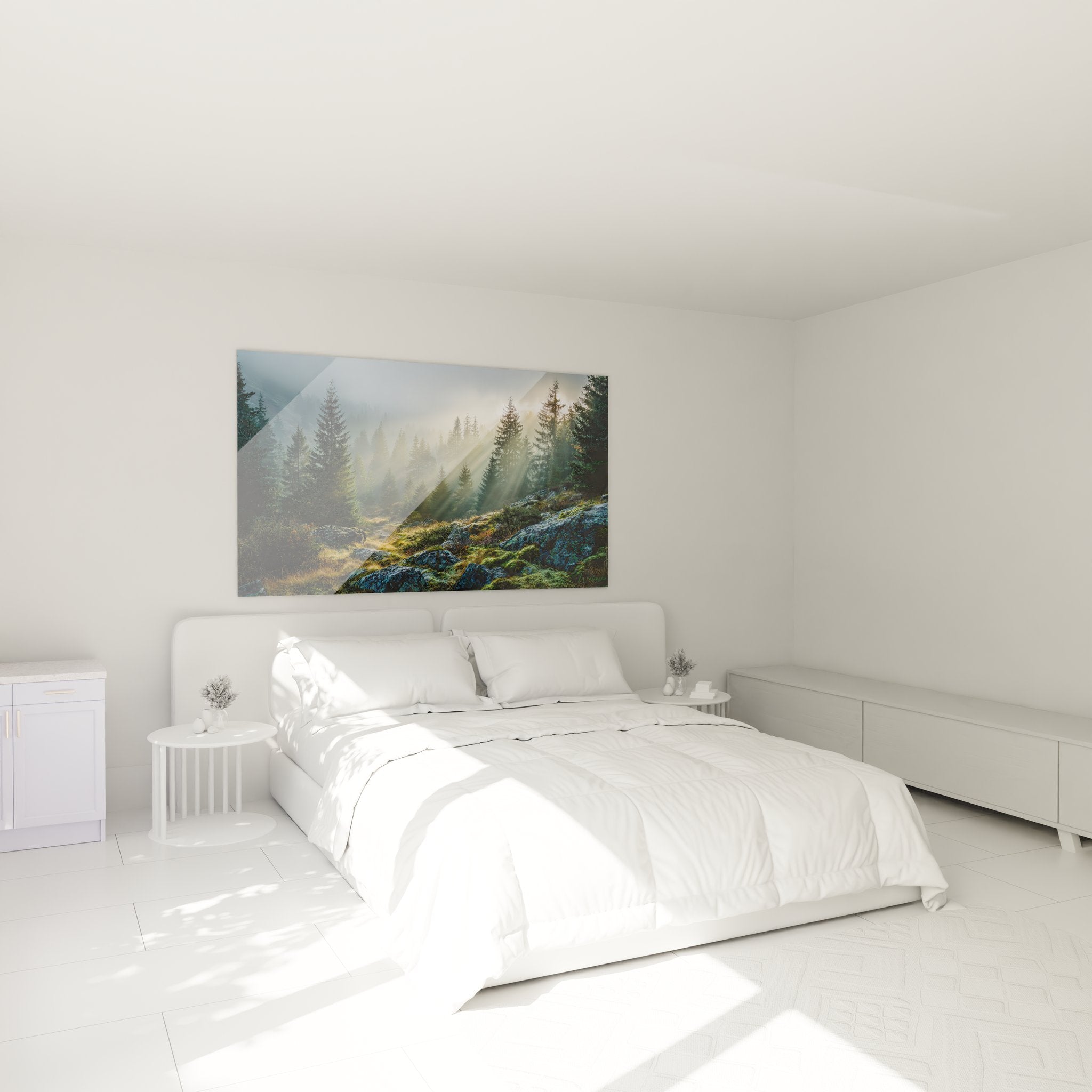 Tableau mural forêt brumeuse rayons soleil dans décoration chambre zen nature