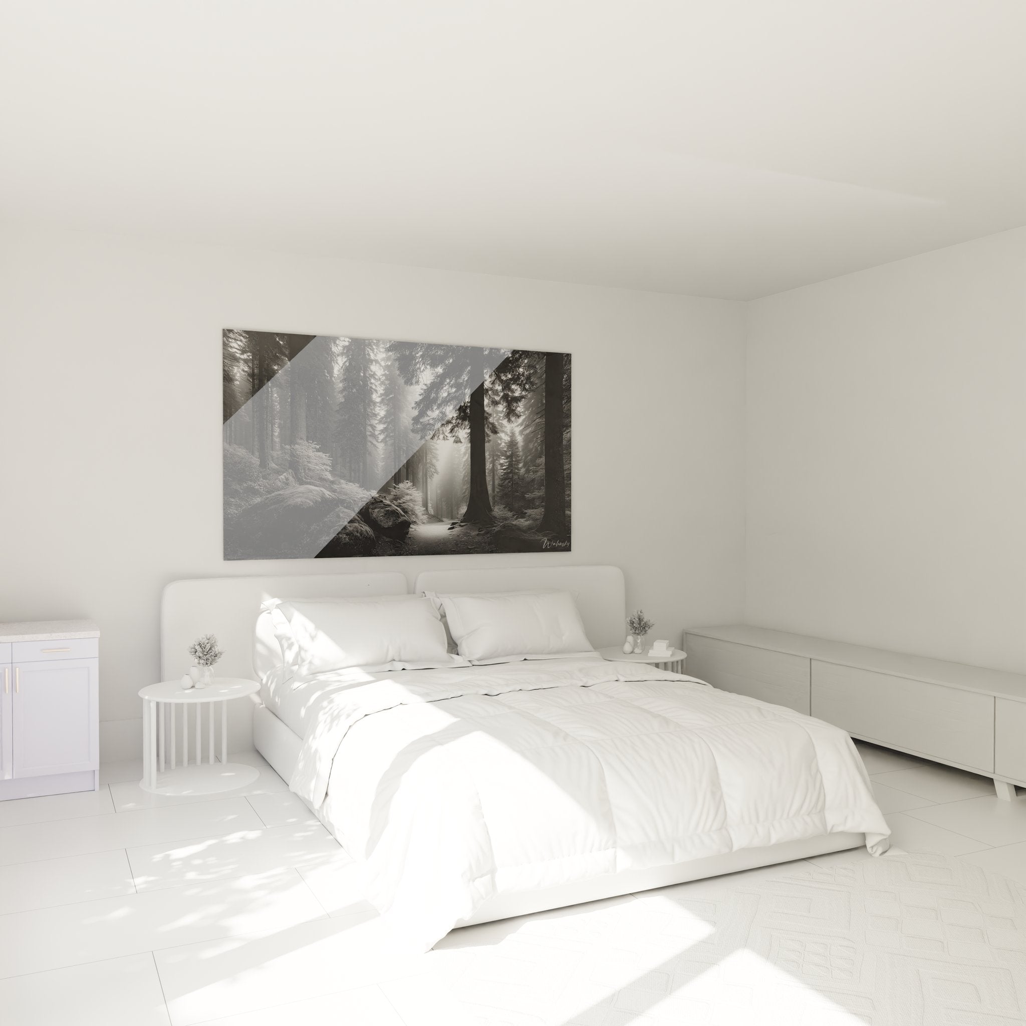 Tableau mural forêt brumeuse décorant élégamment une chambre moderne avec ambiance apaisante nature