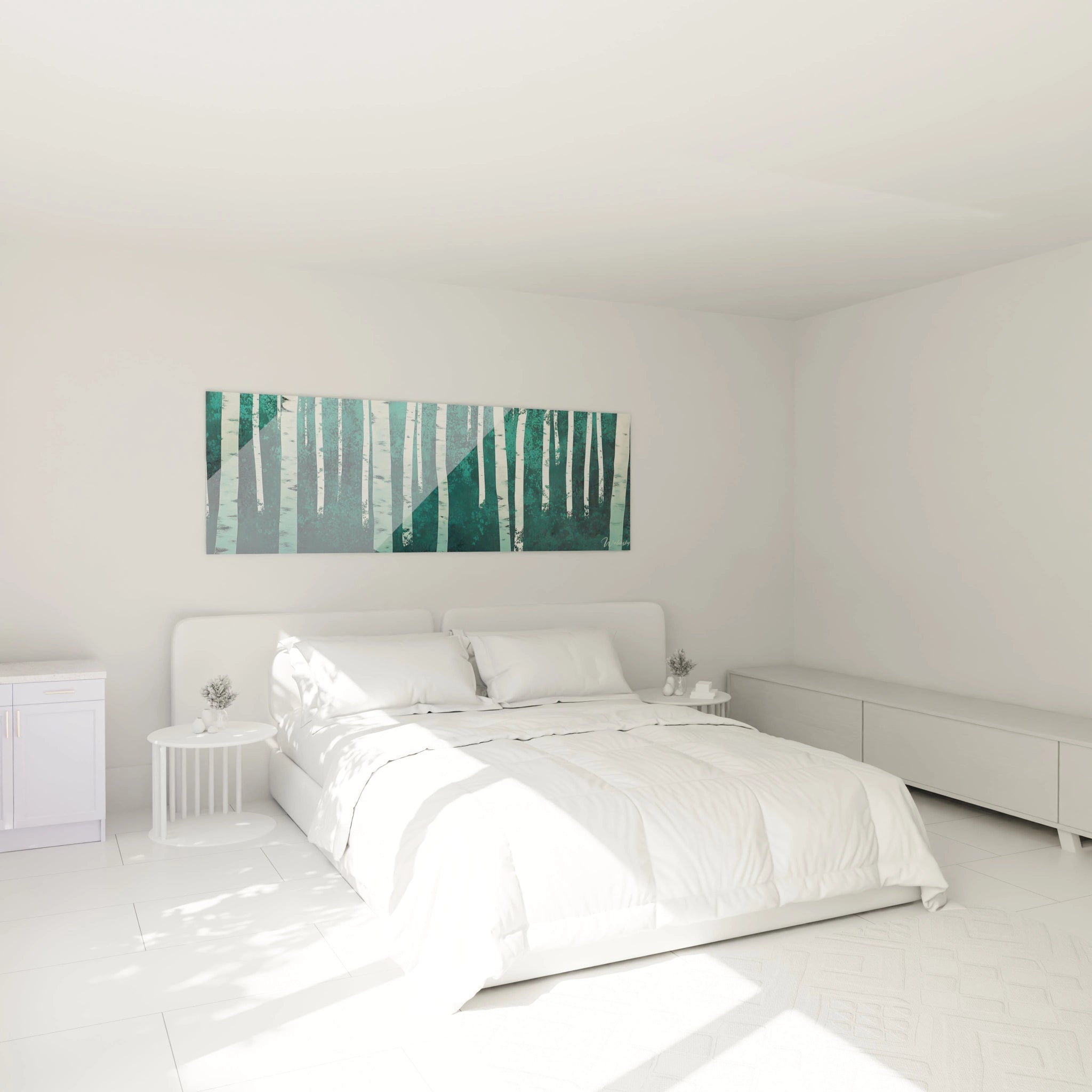 Tableau forêt Walensky avec arbres blancs et verts suspendu au-dessus d'un lit blanc dans une chambre minimaliste