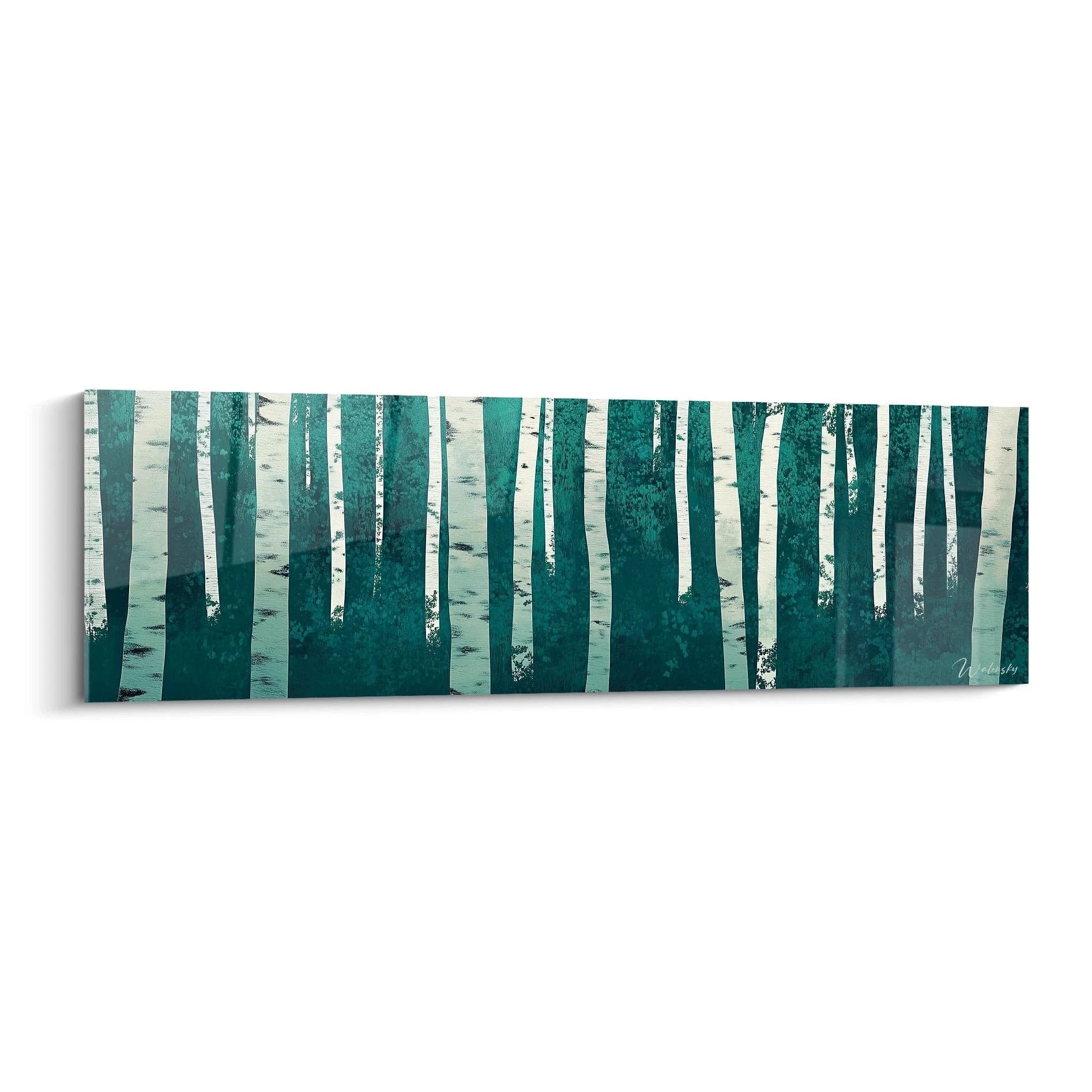 Tableau forêt Walensky avec arbres blancs sur fond vert foncé encadrant un paysage naturel