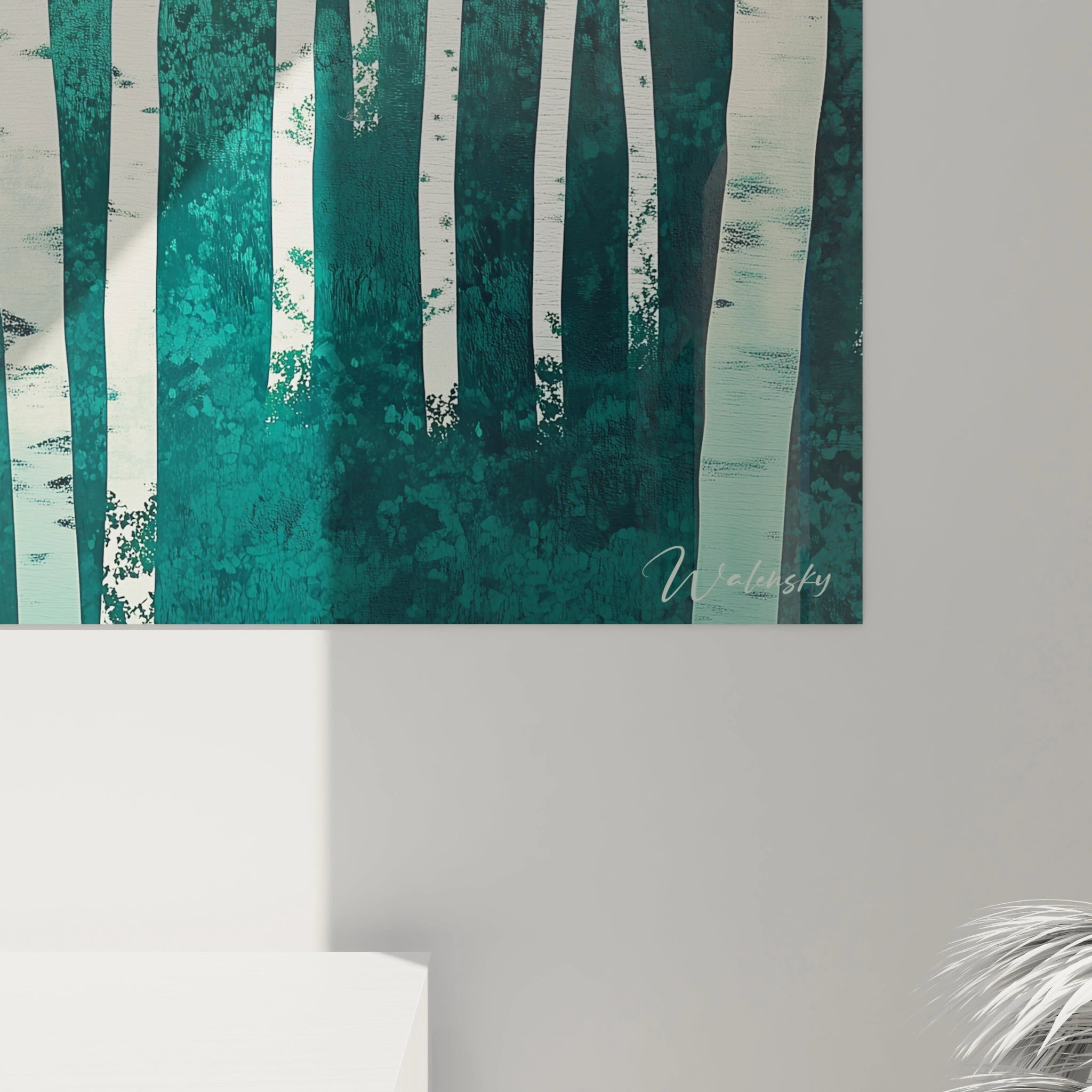 Tableau forêt de Walensky représentant des troncs d'arbres verts et blancs sur fond clair