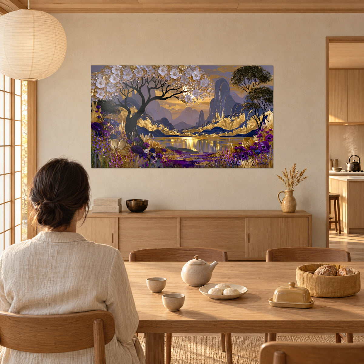 Wall art of a black tree silhouette in white blossom, a lake reflecting gold and purple anemones, a woman seen from behind seated at a table in a Japandi kitchen