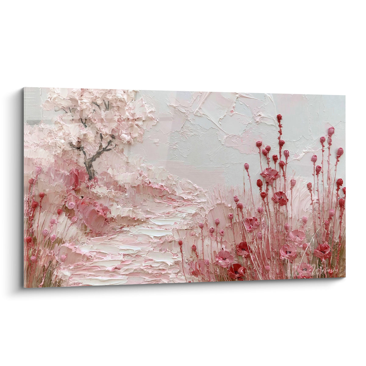 Cerisier rose et coquelicots rouges en relief sur un chemin blanc peint au couteau