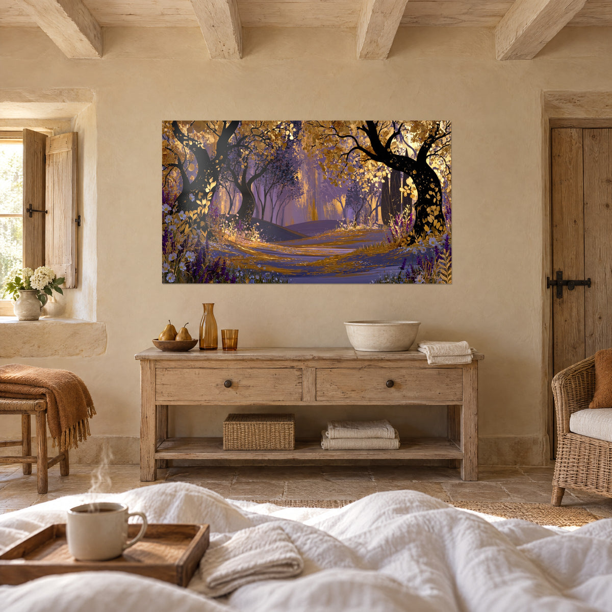 Cuadro sendero otoñal bordeado de flores blancas y árboles retorcidos, oro y violeta, sobre una cama en un dormitorio luminoso