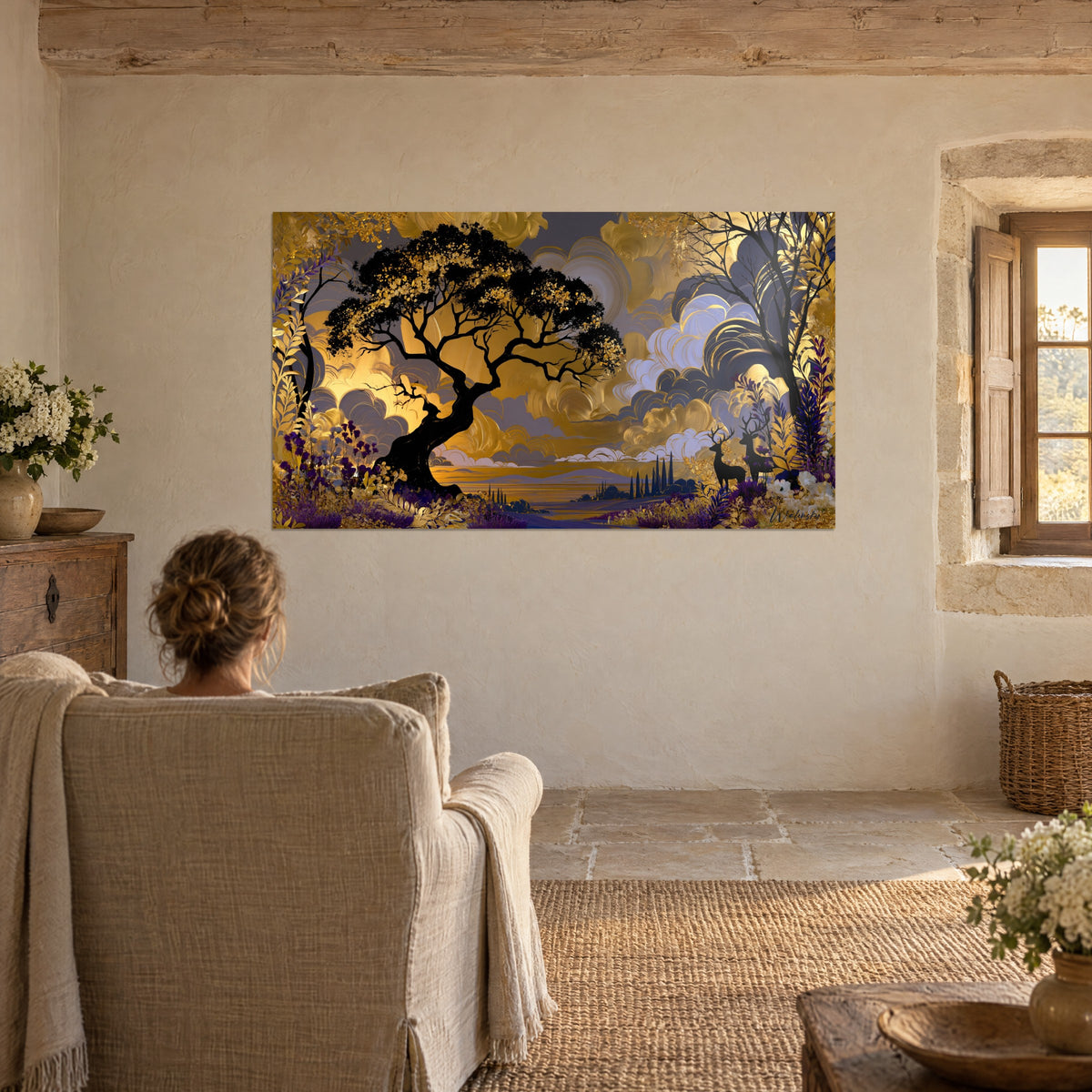 Golden landscape with deer and cypresses, jet-black tree with golden leaves, facing a beige armchair, stone window