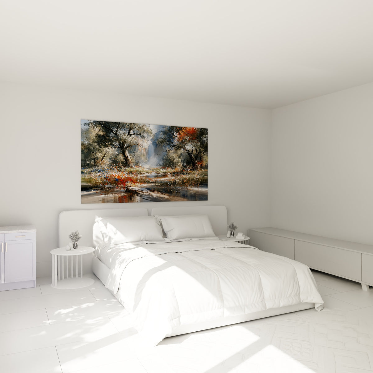 Ruisseau forêt bleu et orangé peint en touches vives, au-dessus d'un lit dans une chambre claire