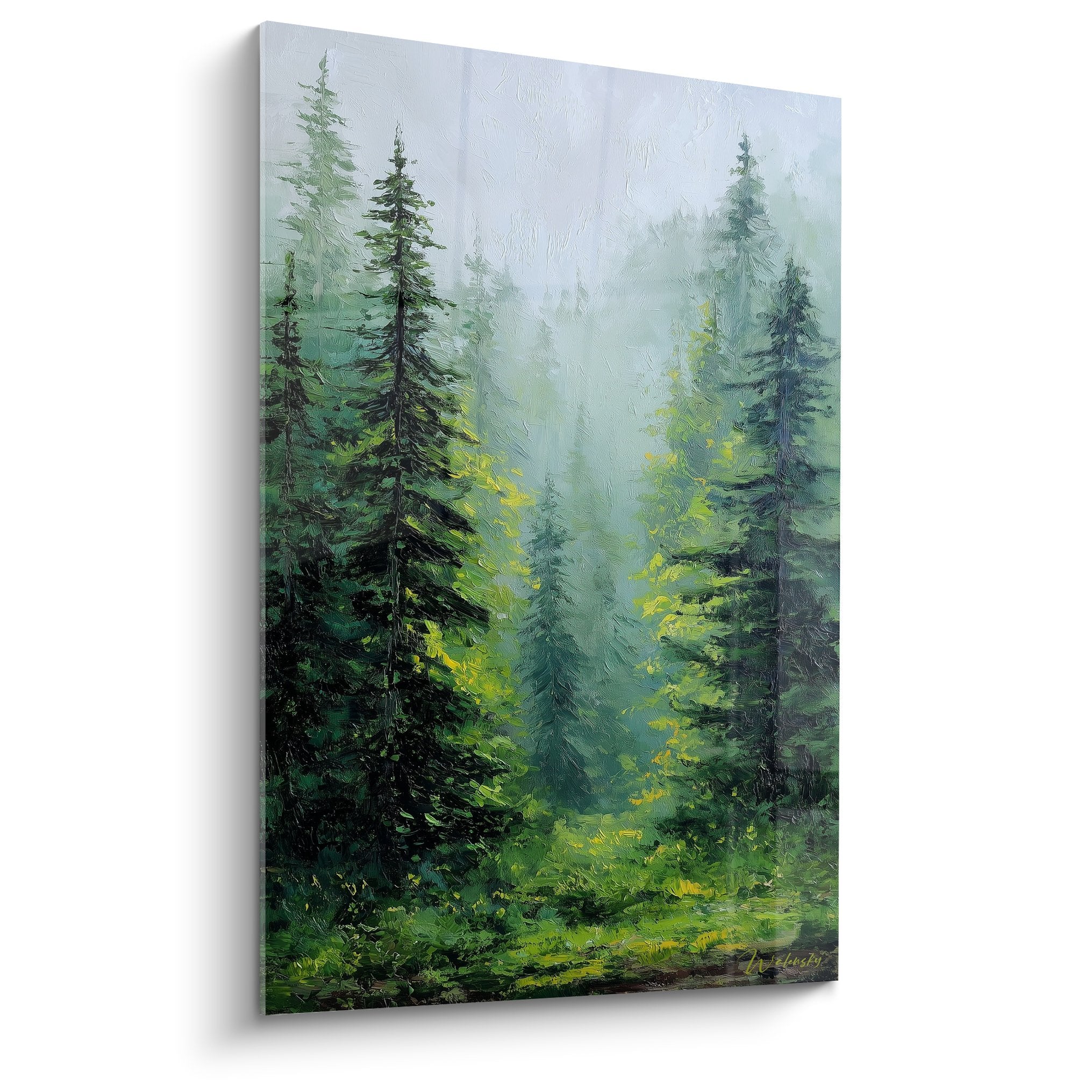 Gemälde Nadelwald Morgennebel grünes Licht goldene Strahlen Feng Shui Osten Holz Landschaft Natur Zen