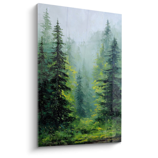 Tableau foret coniferes brume matinale verte lumiere doree feng shui est bois paysage nature zen