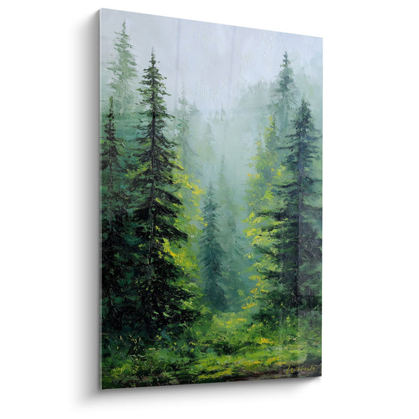 Cuadro de bosque de coníferas en la niebla matutina verde y luminosa - Serenidad silvestre - Edición Feng Shui Este Madera