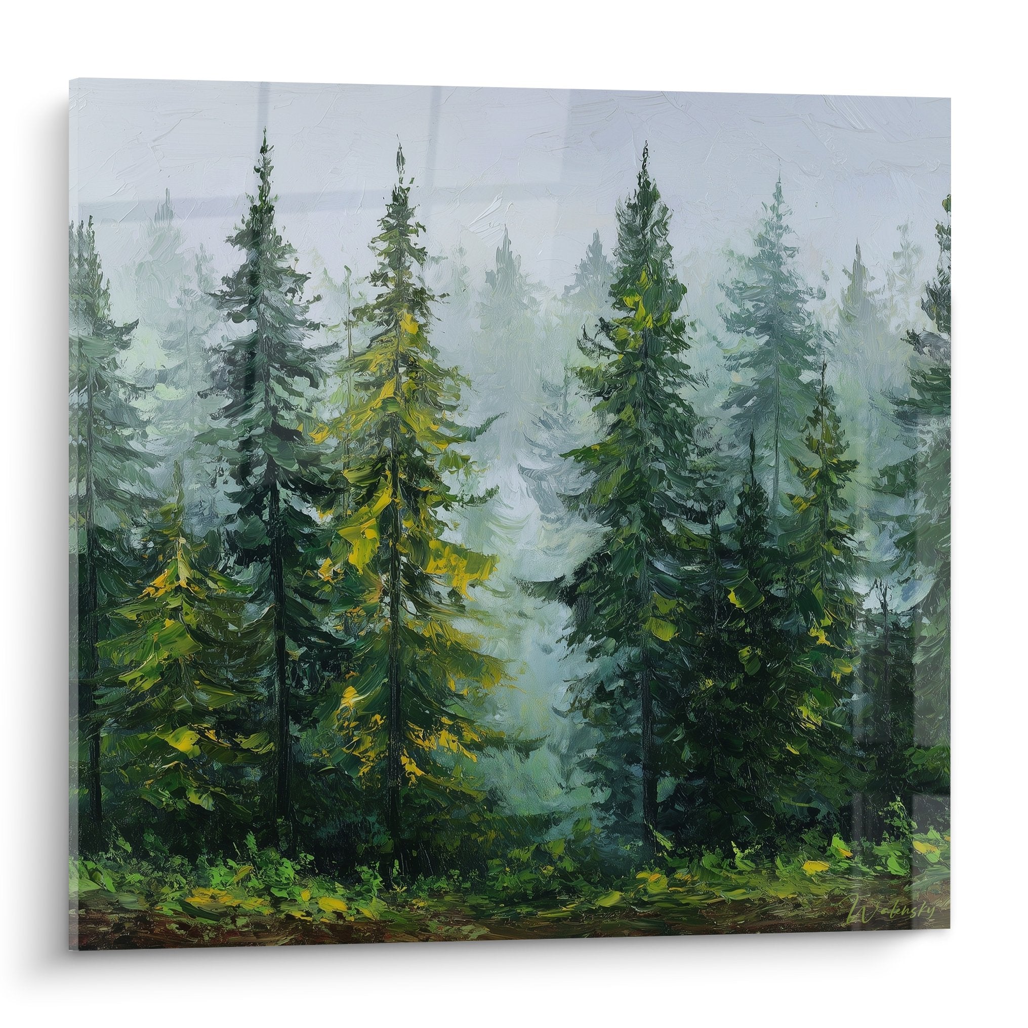Tableau foret coniferes brume matinale tons verts dores epiceas majestueux atmosphere vaporeuse feng shui est bois