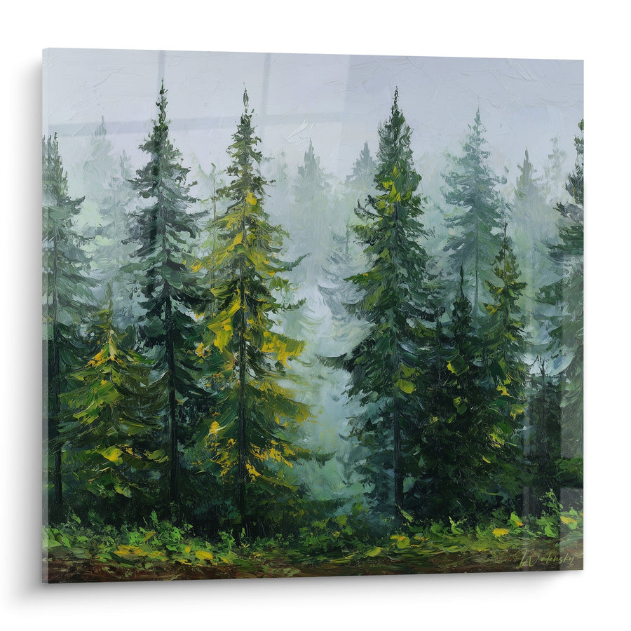 Tableau Forêt de Conifères dans la Brume Matinale Verte et Dorée - Sérénité Sylvestre - Edition Feng shui Est Bois