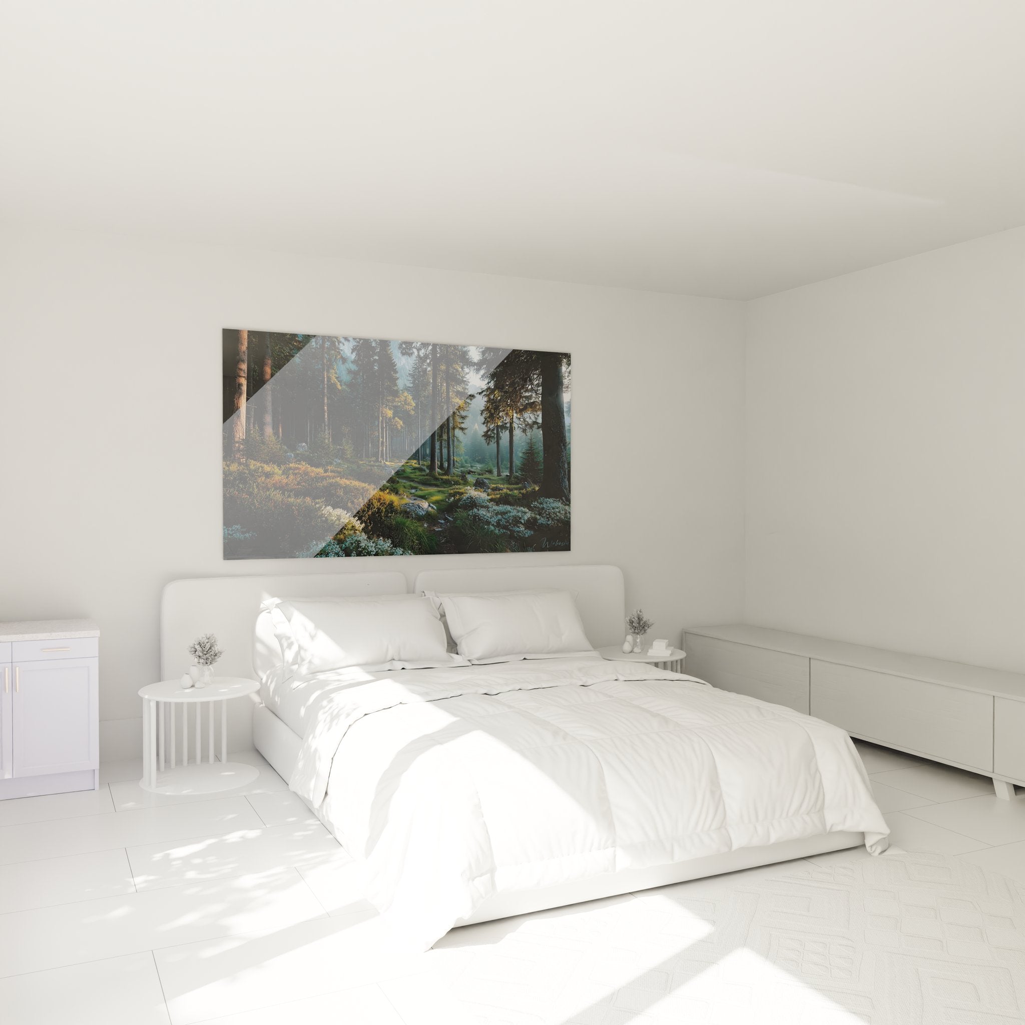 Tableau forêt conifères ambiance chambre décoration murale nature lumière douce apaisante