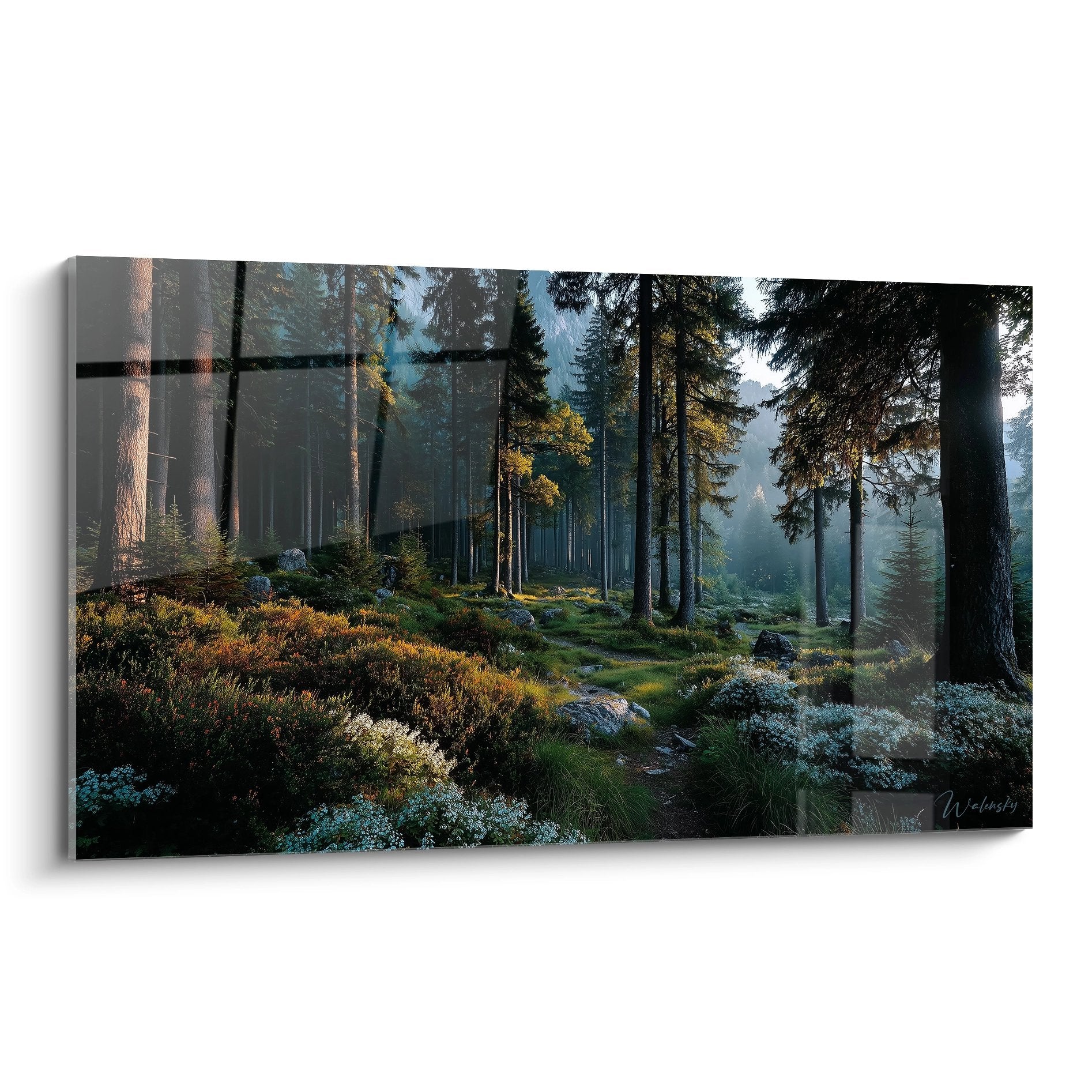 Tableau mural forêt conifères lumière dorée matinale mystérieuse décoration nature salon