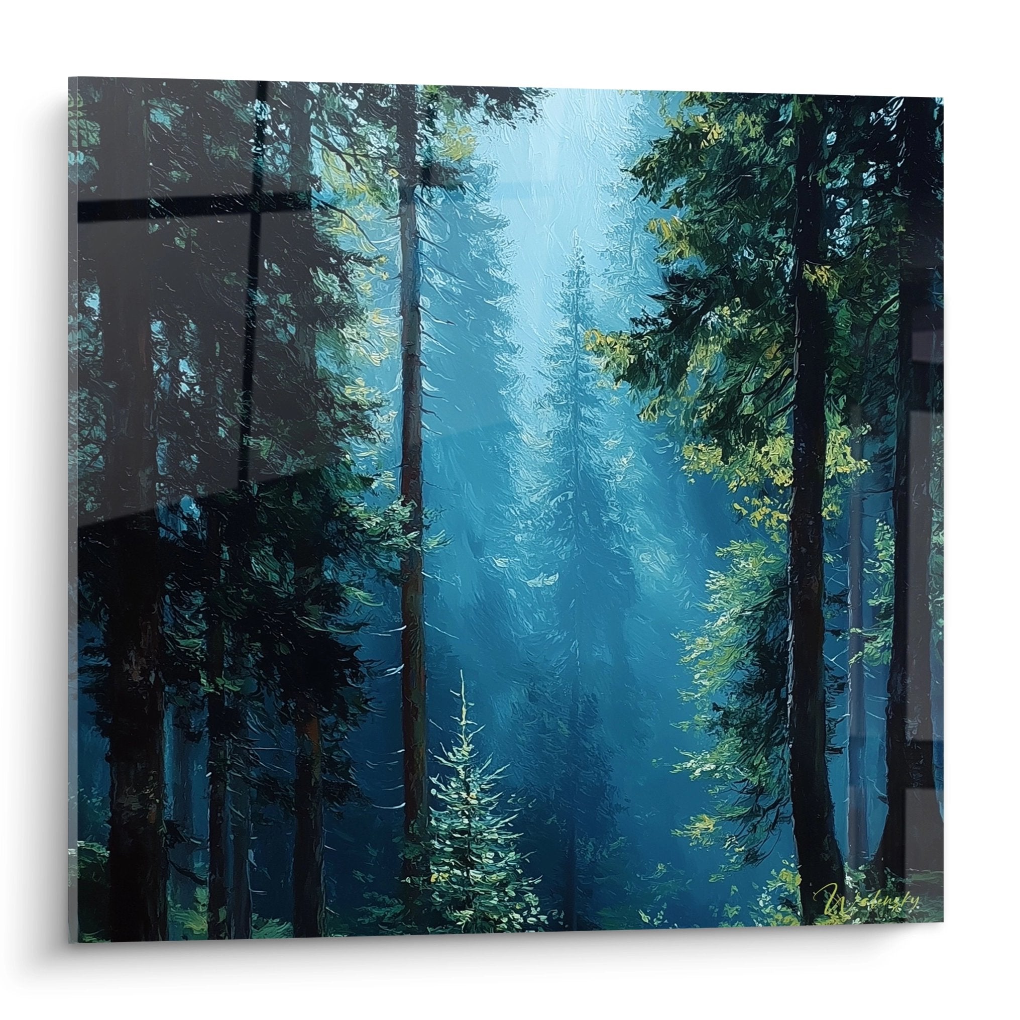 Tableau mural forêt conifères lumière bleue mystique rayons solaires nature zen déco