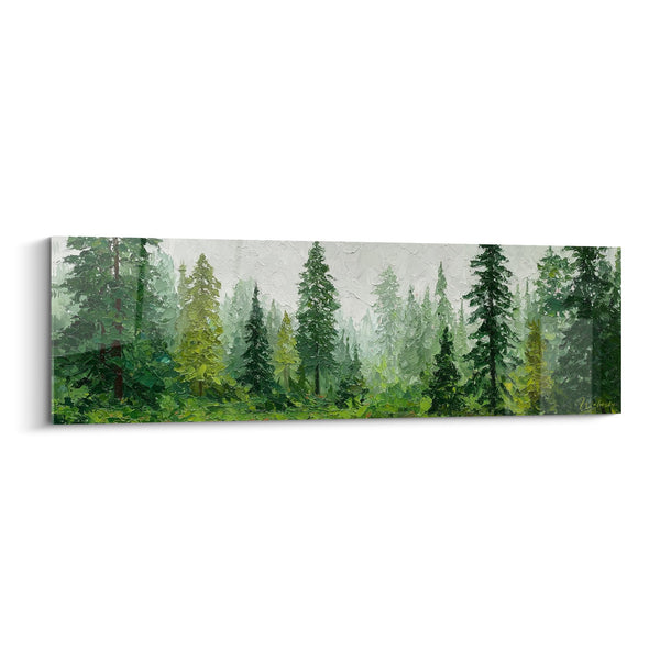 Schilderij van een Dennenhoutbos in de Ochtendmist - Natuurlijke sereniteit - Feng Shui Oost Hout Editie