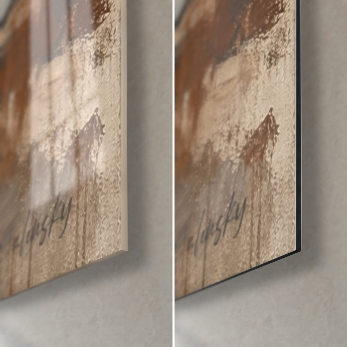 Gemälde Kiefern in Ocker und Anthrazit, untere rechte Ecke, pastoser Farbauftrag, glänzendes Acrylglas und matte Dibond-Platte, 3 mm Kante