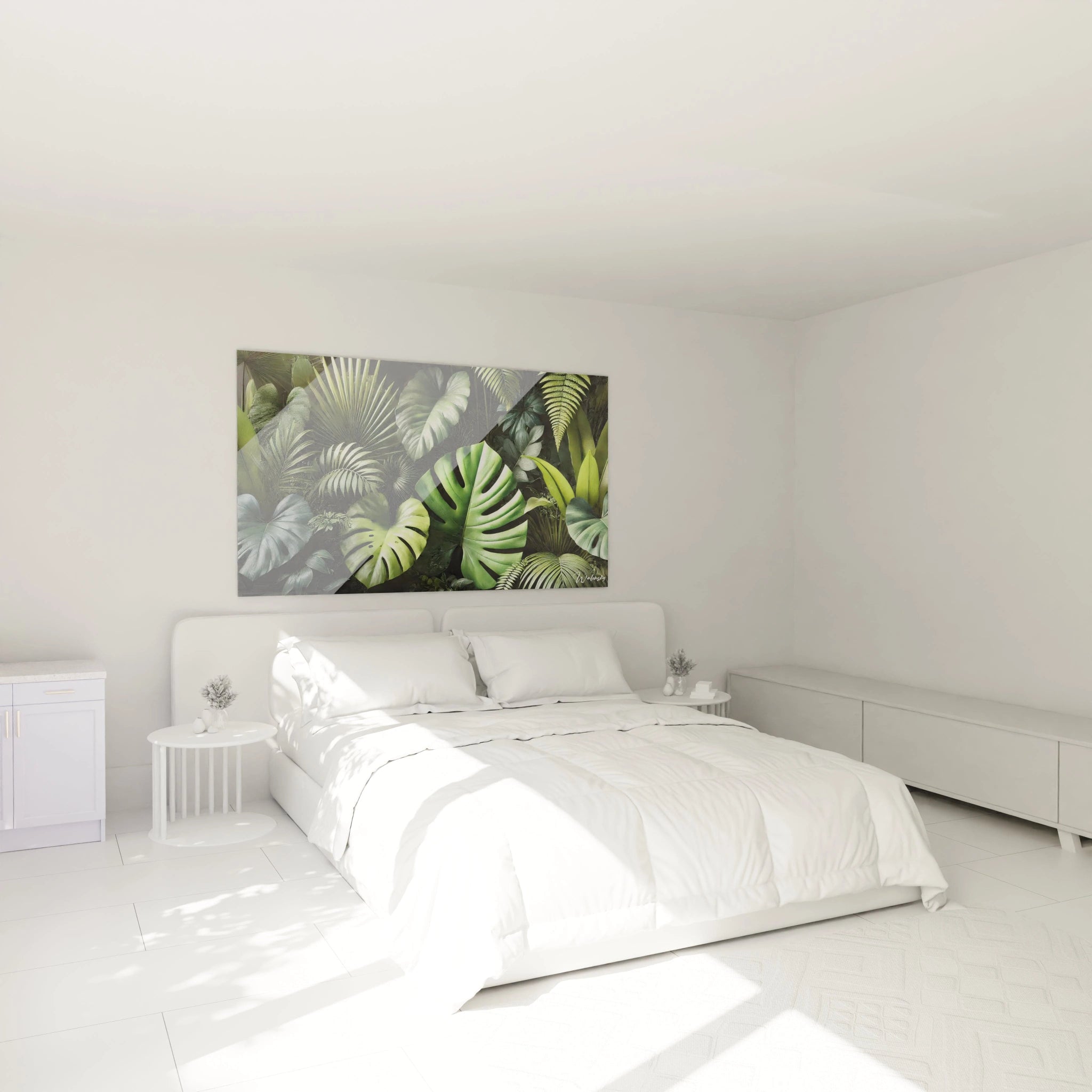 Admirez ce tableau jungle accroché au-dessus du lit, apportant une touche tropicale et vivante à votre chambre. Une invitation à l'évasion et à la sérénité dans votre espace personnel.

