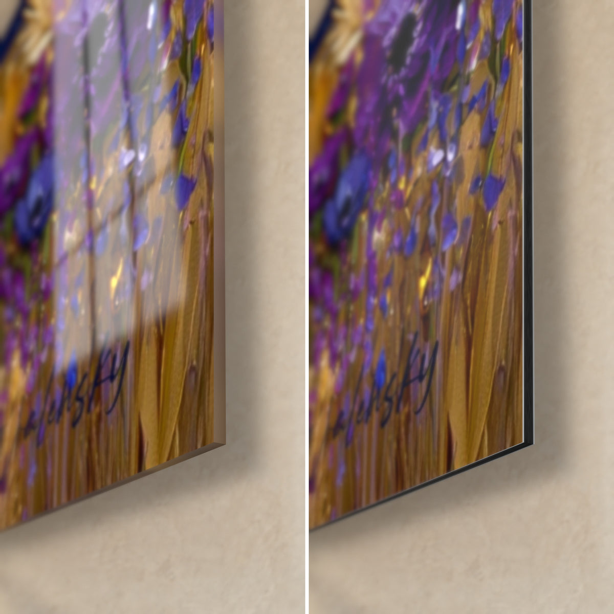 Wall art of a golden blooming tree and purple irises, bottom right corner: glossy acrylic glass on the left, matte Dibond aluminum on the right, black edge