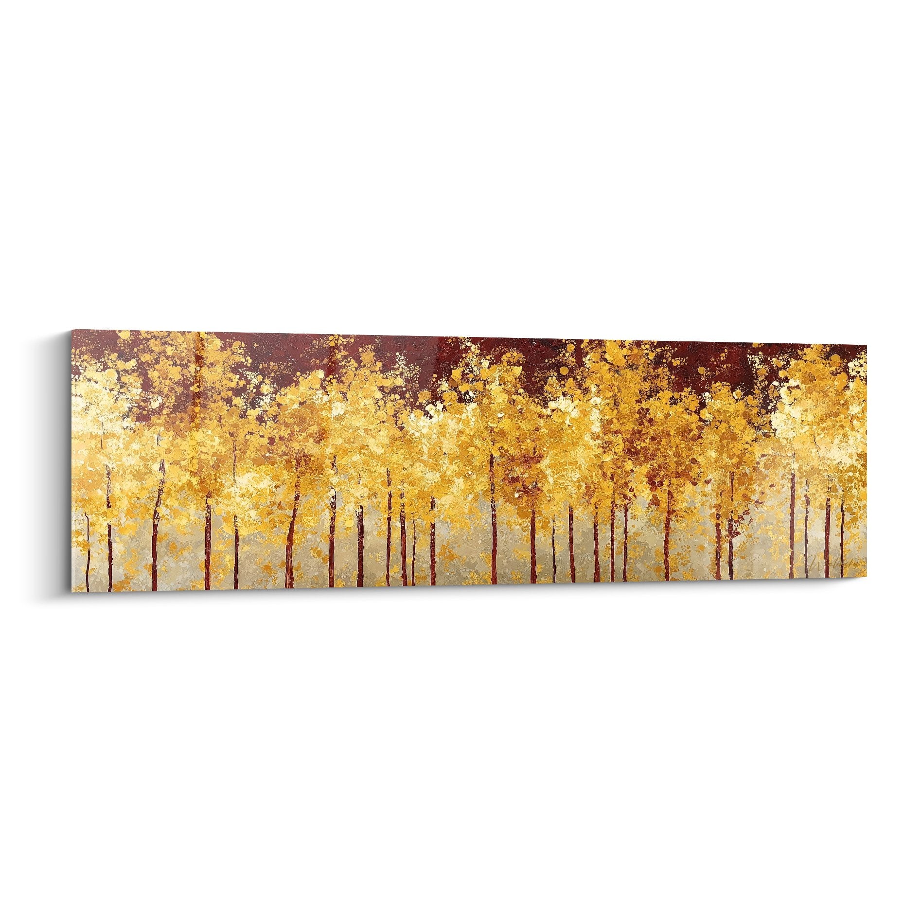 Tableau panoramique forêt dorée automnale troncs élancés tons cuivrés bronze feng shui terre