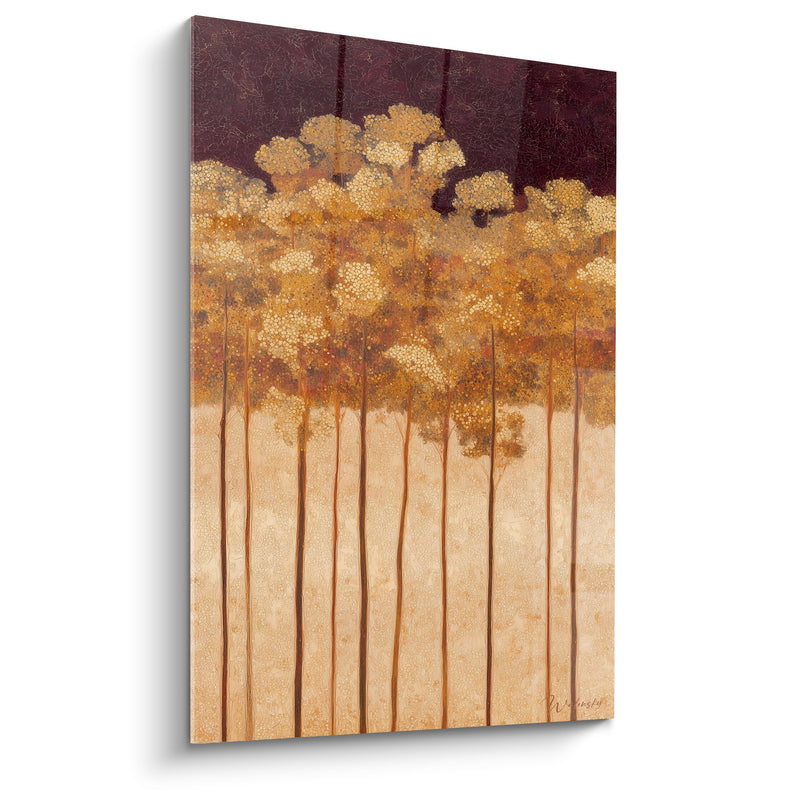 Tableau Forêt Dorée aux Troncs Élancés sur Fond Bordeaux - Harmonie Automnale - Edition Feng shui Sud-Ouest Terre