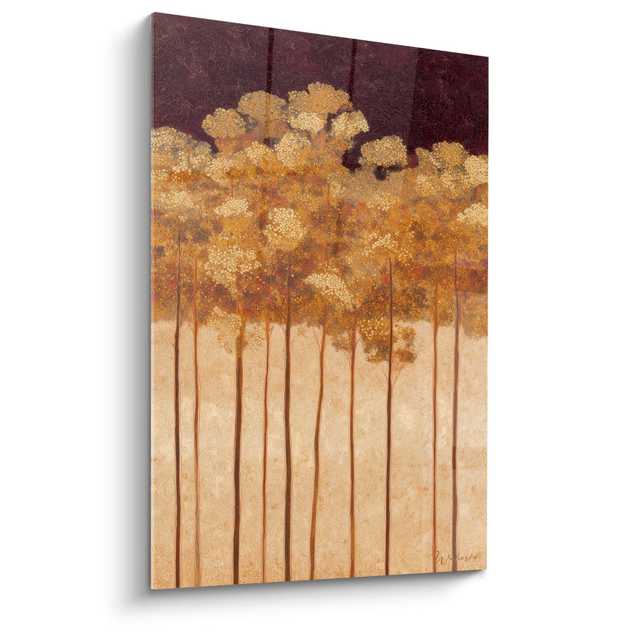 Tableau Forêt Dorée aux Troncs Élancés sur Fond Bordeaux - Harmonie Automnale - Edition Feng shui Sud-Ouest Terre