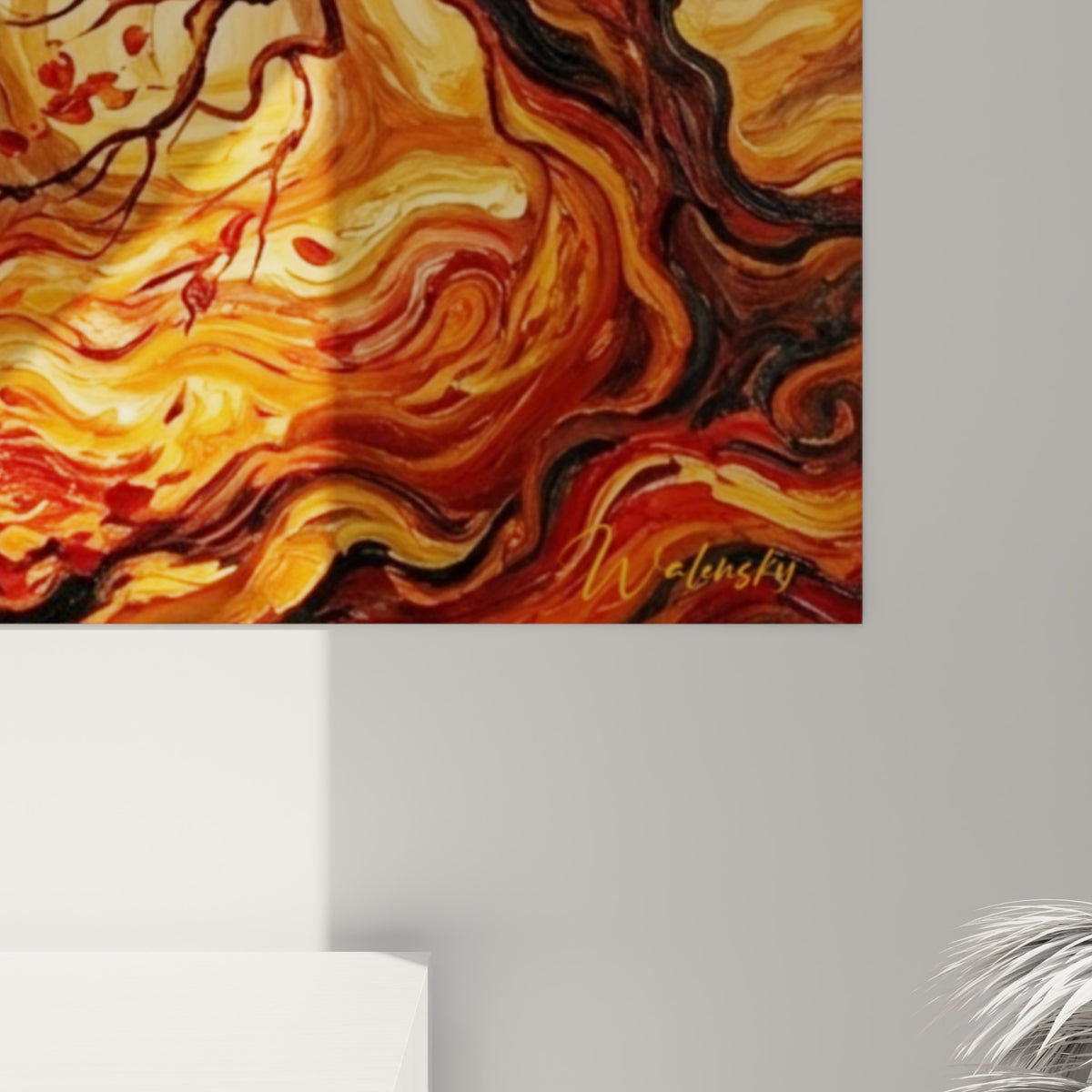 Empâtements visibles sur ce tableau Forêt, coulures rouge sombre et doré se mêlant en gros plan