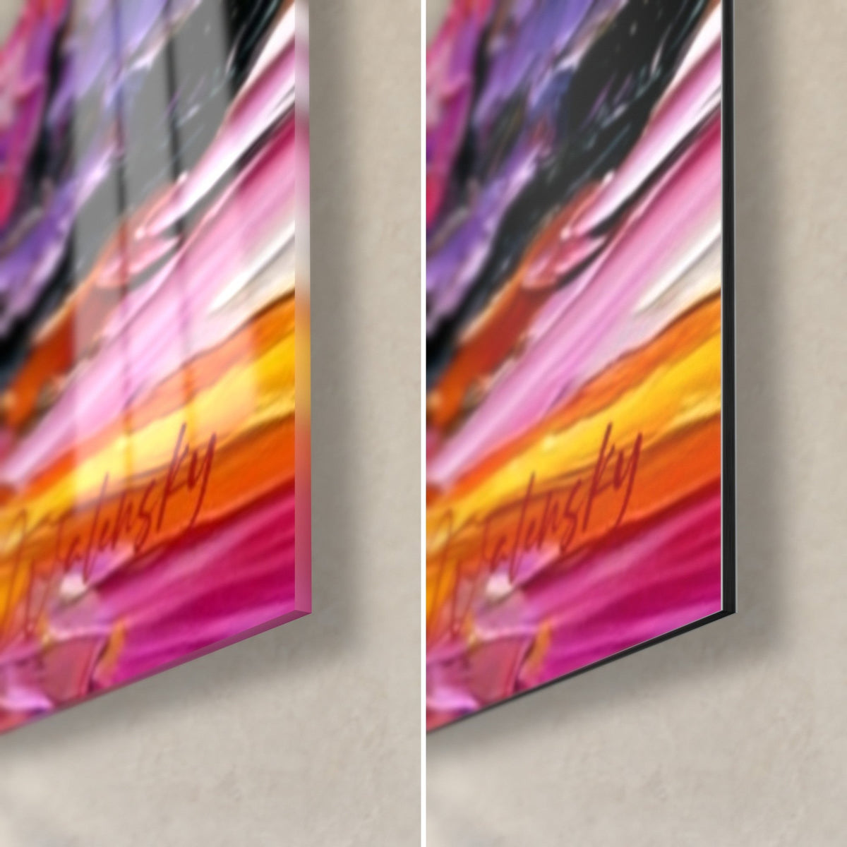 Tableau arbre rose et orangé, coin bas droit : coups de couteau fuchsia et safran, verre brillant et Dibond noir mat de 3 mm