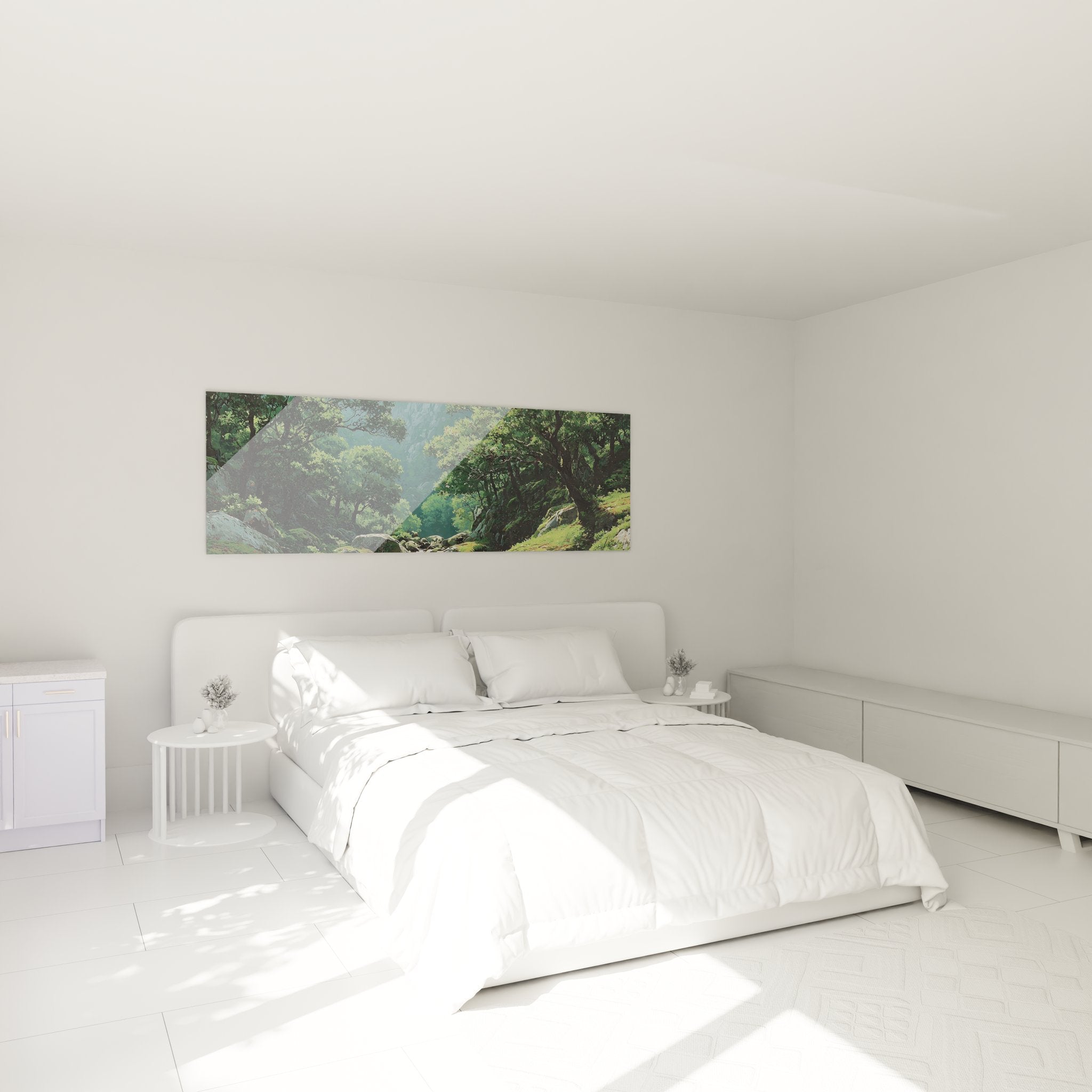 Tableau forêt enchantée dans chambre moderne, décoration murale paysage apaisant