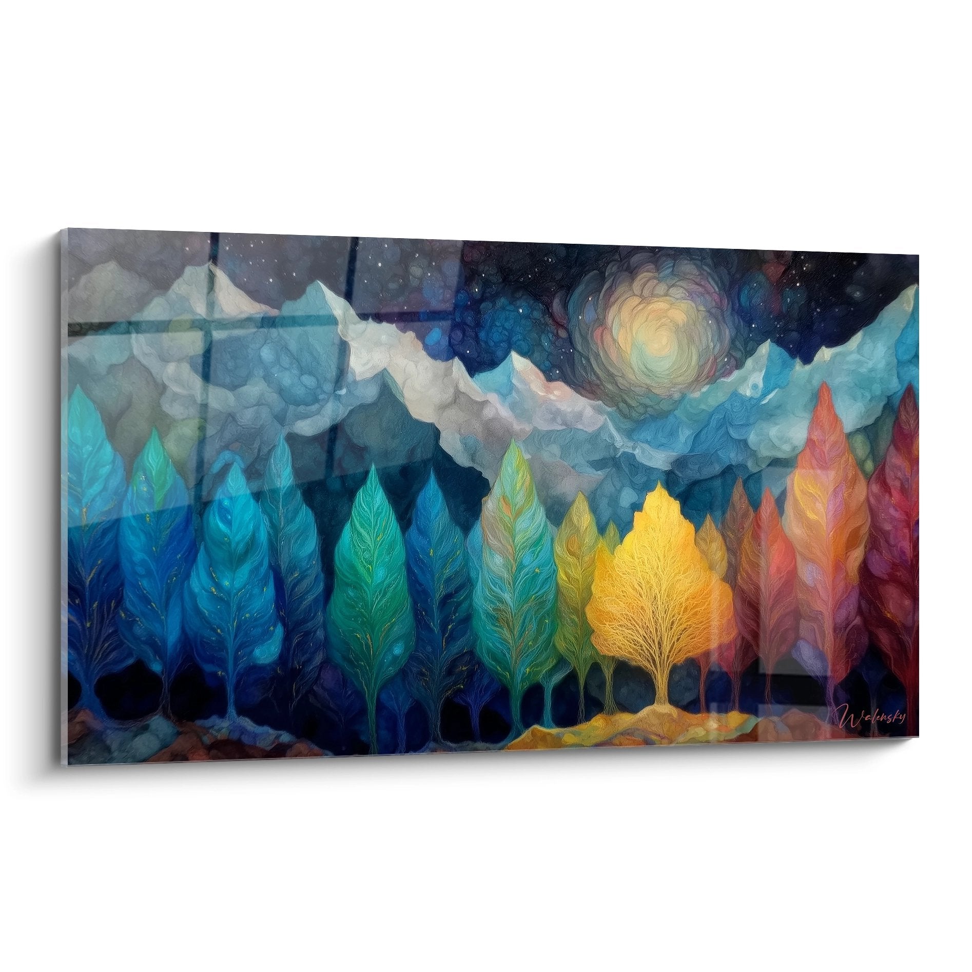 Tableau mural forêt fantastique avec aurore boréale et montagnes enneigées, arbres colorés arc-en-ciel