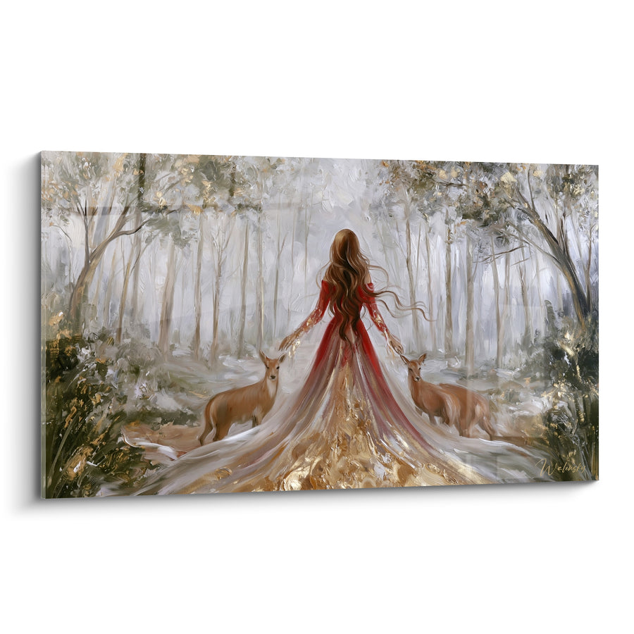Tableau Femme en robe rouge et biches dorées - Rencontre silencieuse - Edition Forêt