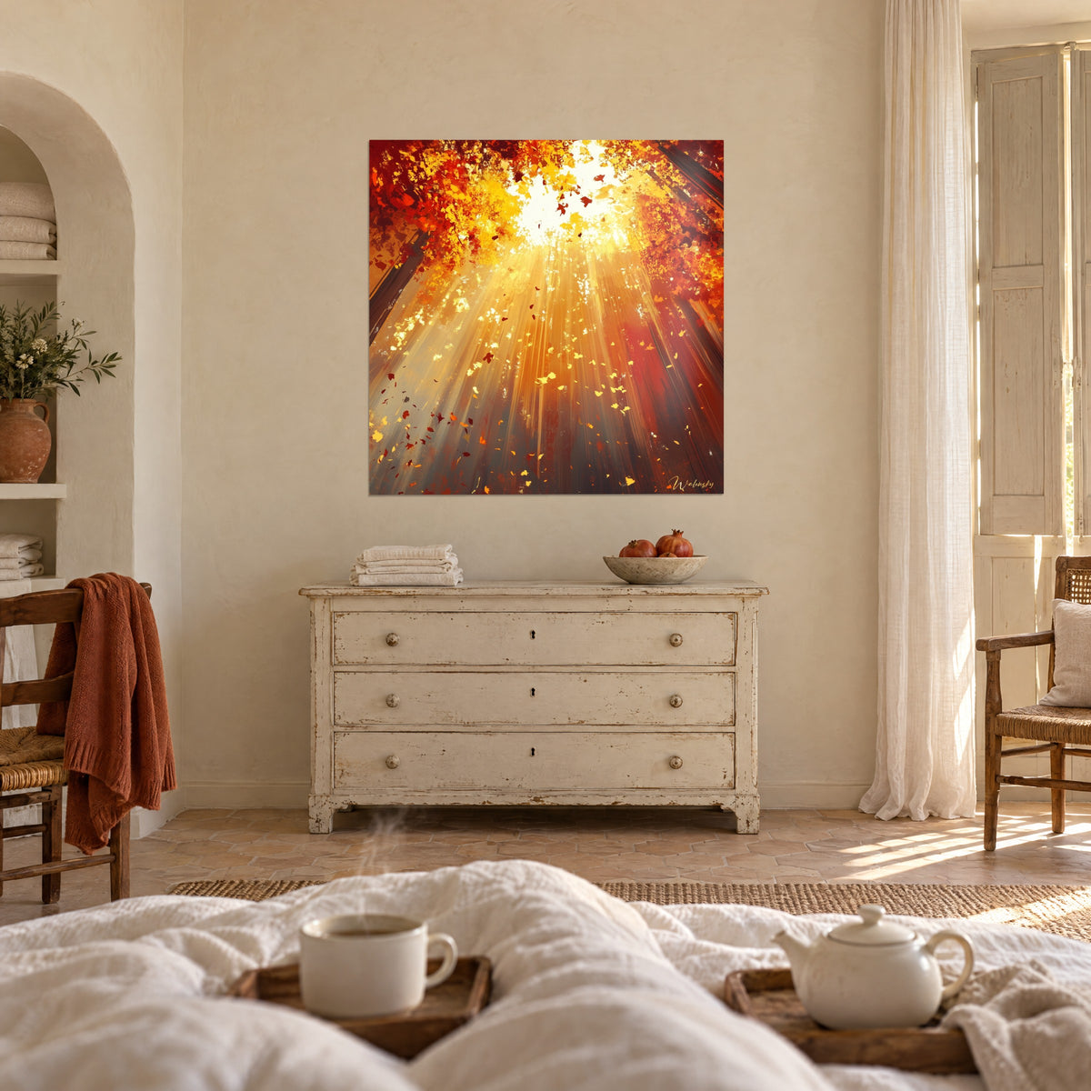 Wall art canopy of blazing foliage, amber and rust light falling like a shower of leaves, above a bed in a bright bedroom
