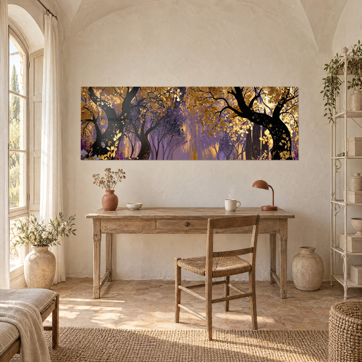 Wall art enchanted undergrowth, golden foliage on lavender, slender black branches, above a light wood desk, farmhouse