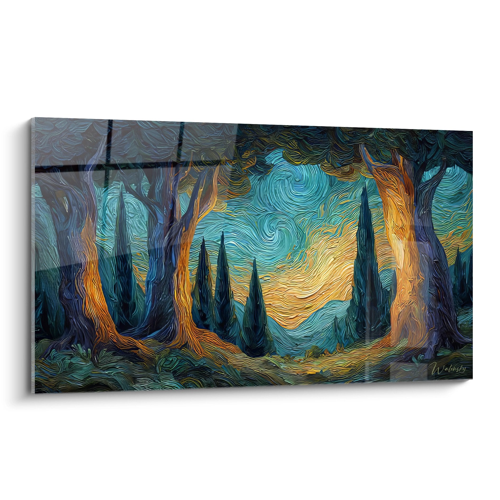 Tableau mural forêt impressionniste avec cyprès et lumière dorée, style post-impressionniste moderne