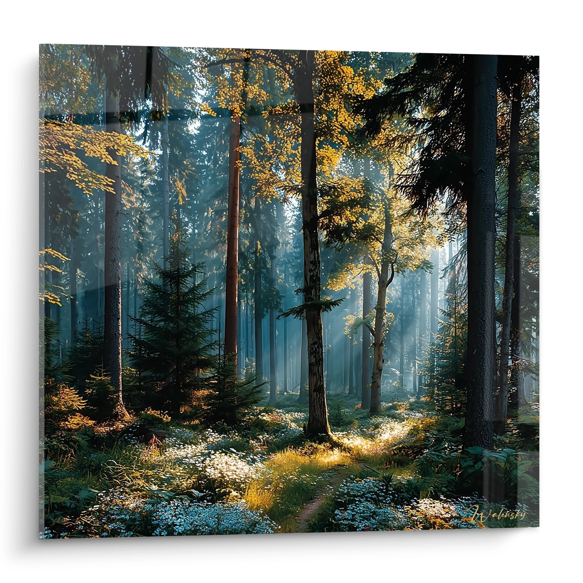 Tableau forêt magique avec rayons soleil dorés perçant brume automnale entre grands conifères