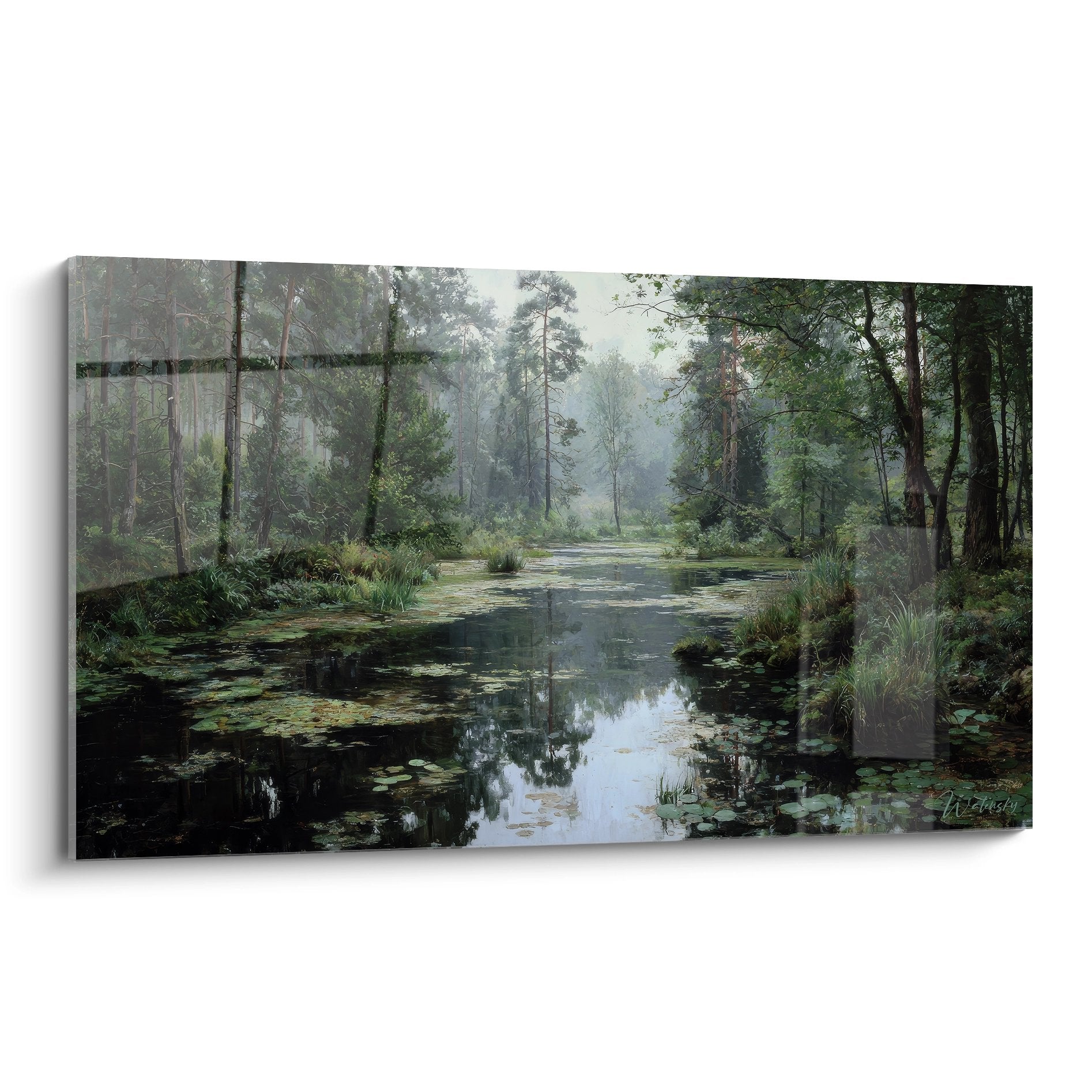 Tableau mural forêt marécageuse avec étang forestier et reflets mystérieux, peinture nature aquatique