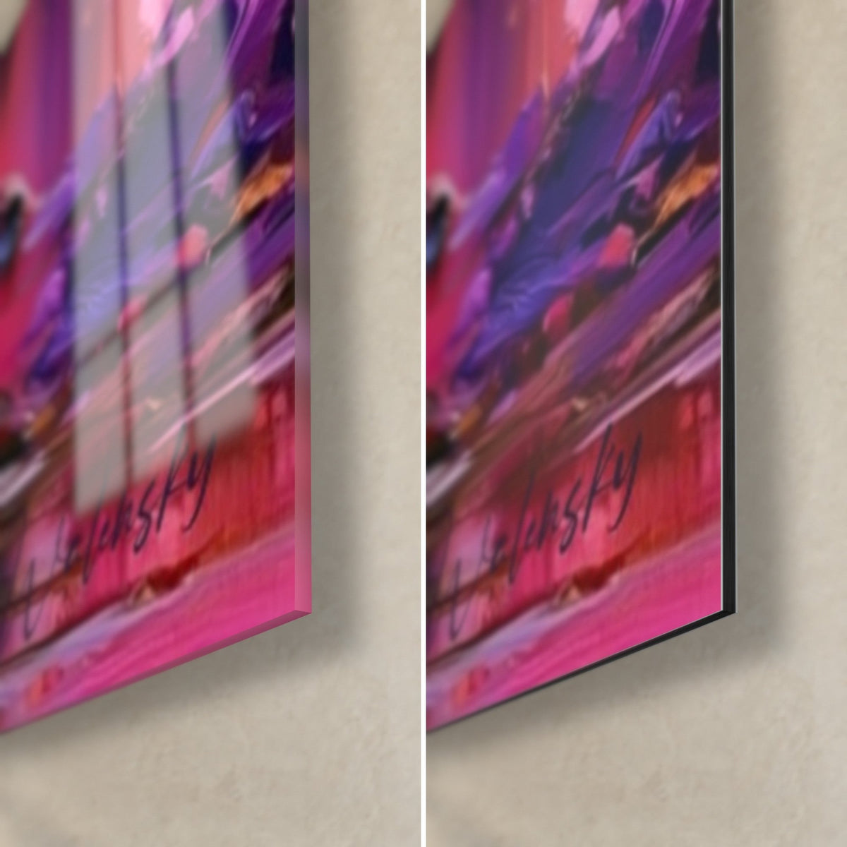 Quadro albero in rosa e arancio, angolo in basso a destra: pennellate fucsia e viola, vetro lucido e Dibond opaco