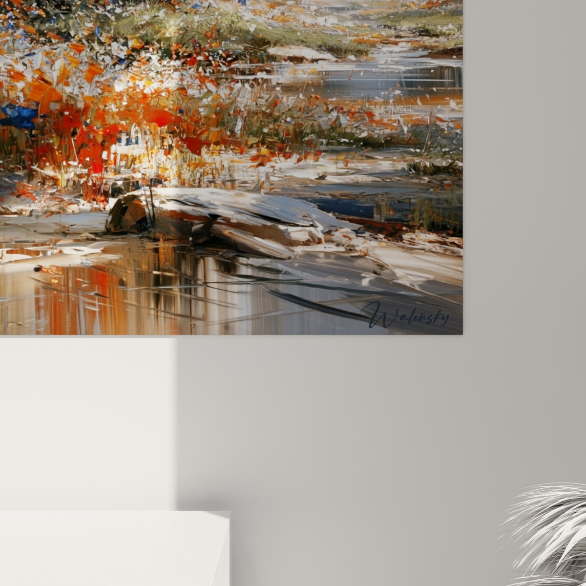 Empâtements orange et gris révélant la matière picturale d'un tronc d'arbre fragmenté