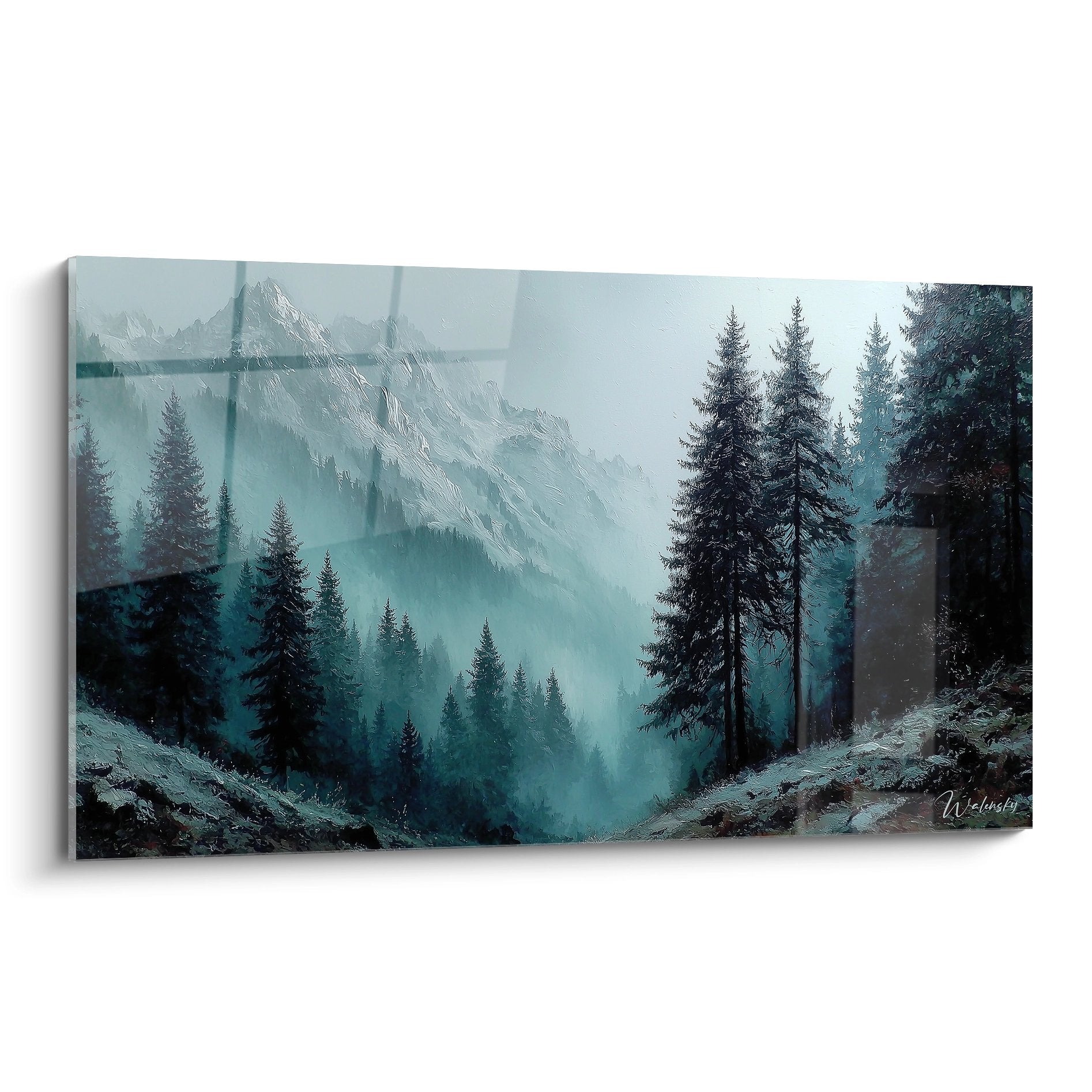 Tableau mural forêt montagne avec brume matinale et sapins, art nature décoratif