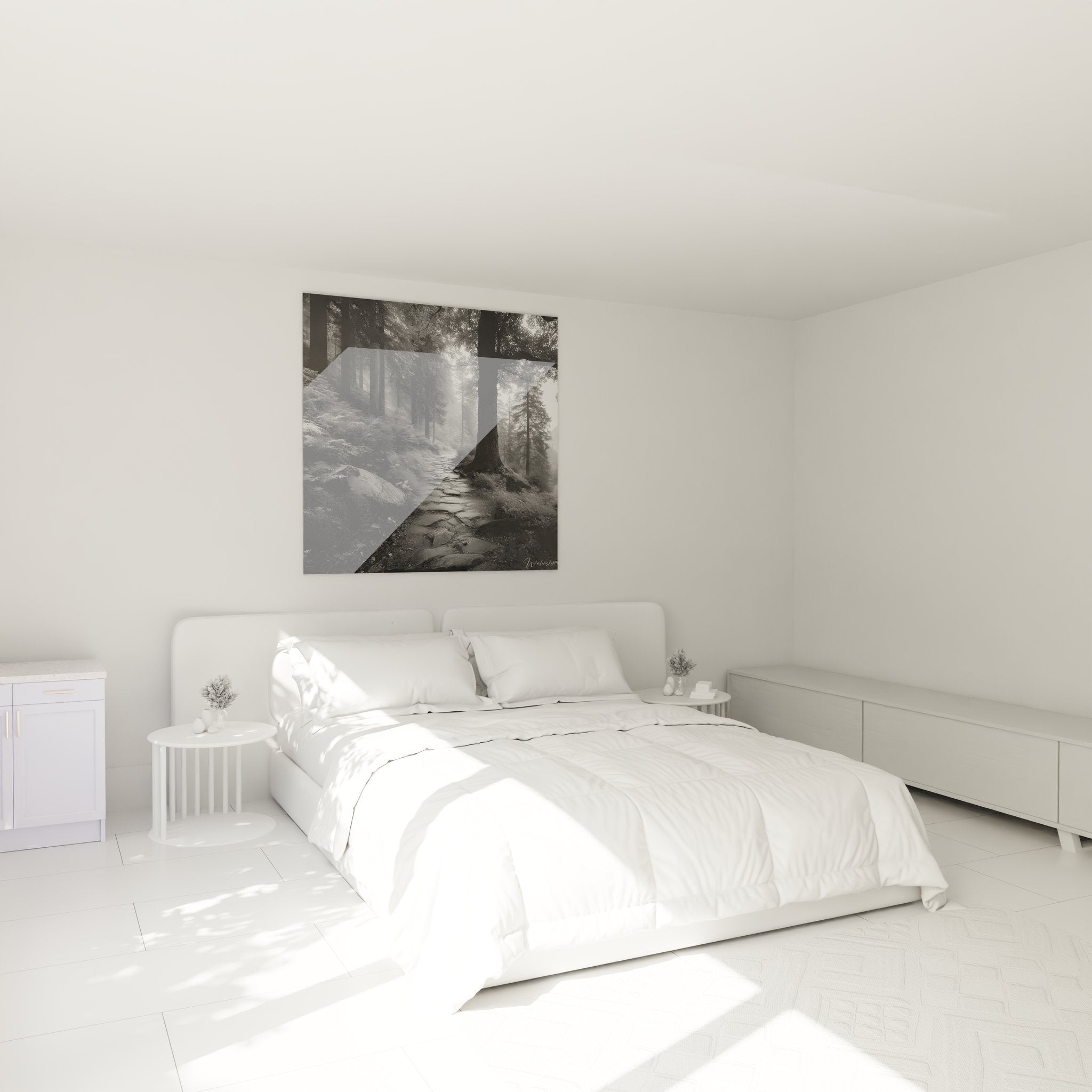 Décoration chambre avec tableau forêt mystérieuse et sentier de pierre dans ambiance cosy