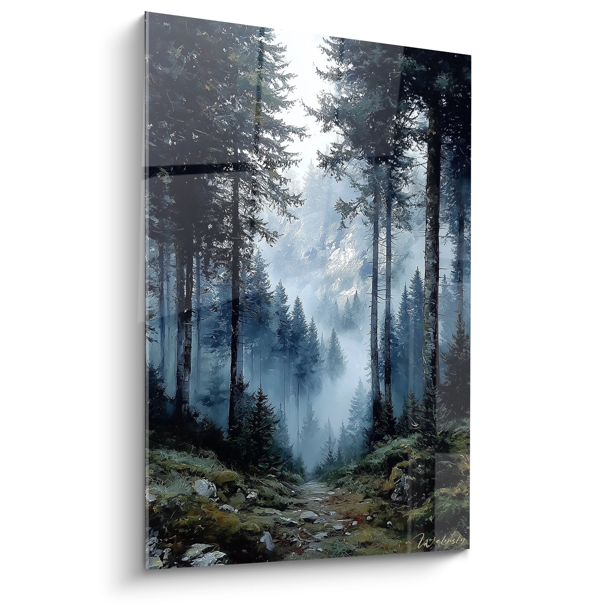 Tableau mural forêt mystérieuse avec rayons de soleil perçant brume entre conifères sur chemin forestier