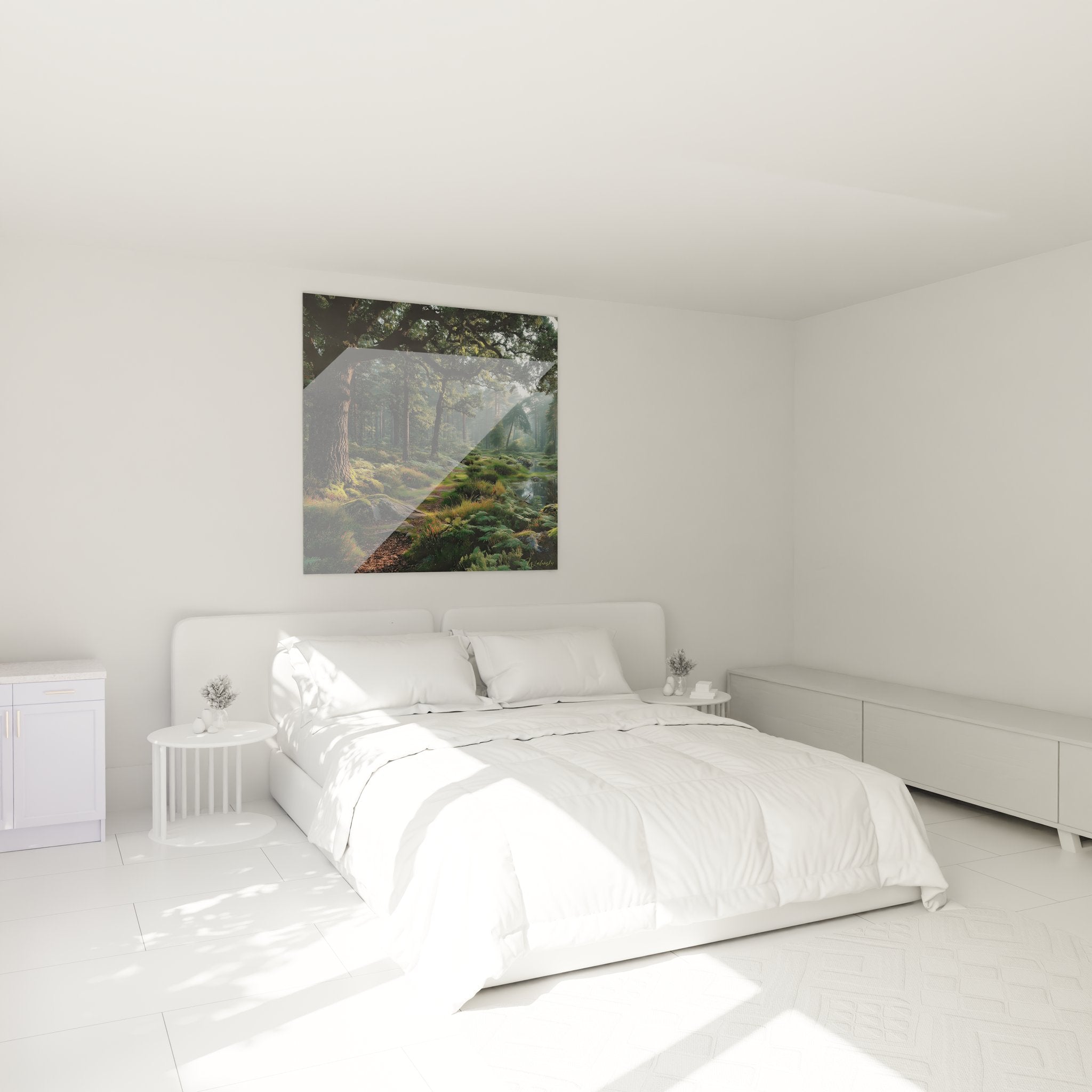 Tableau mural forêt mystique dans chambre moderne, ambiance paisible avec paysage naturel brumeux