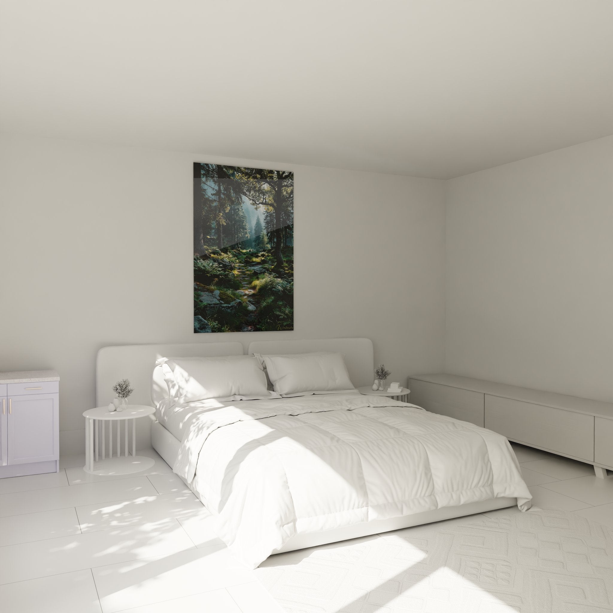 Tableau sentier forêt mystique décorant chambre avec ambiance nature apaisante et lumières dorées