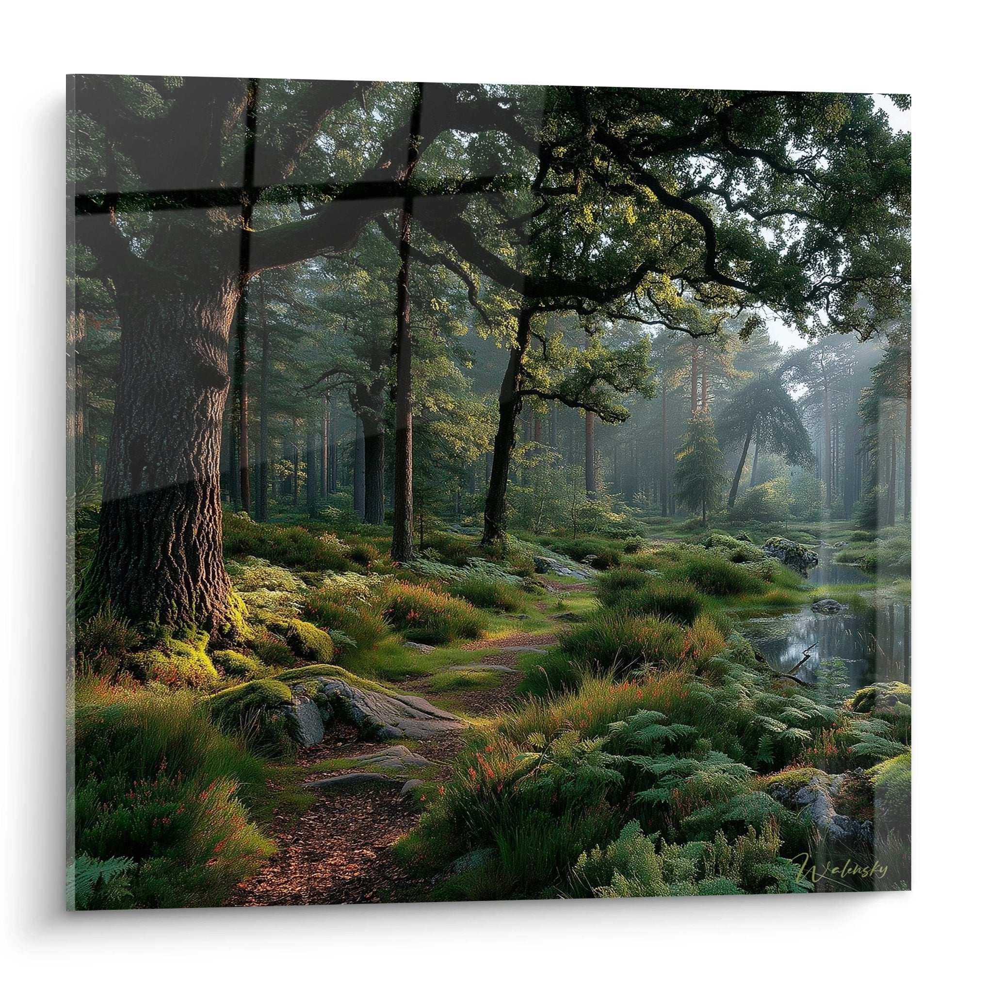 Tableau forêt mystique avec sentier brumeux, arbres majestueux et cours d'eau paisible - art mural nature