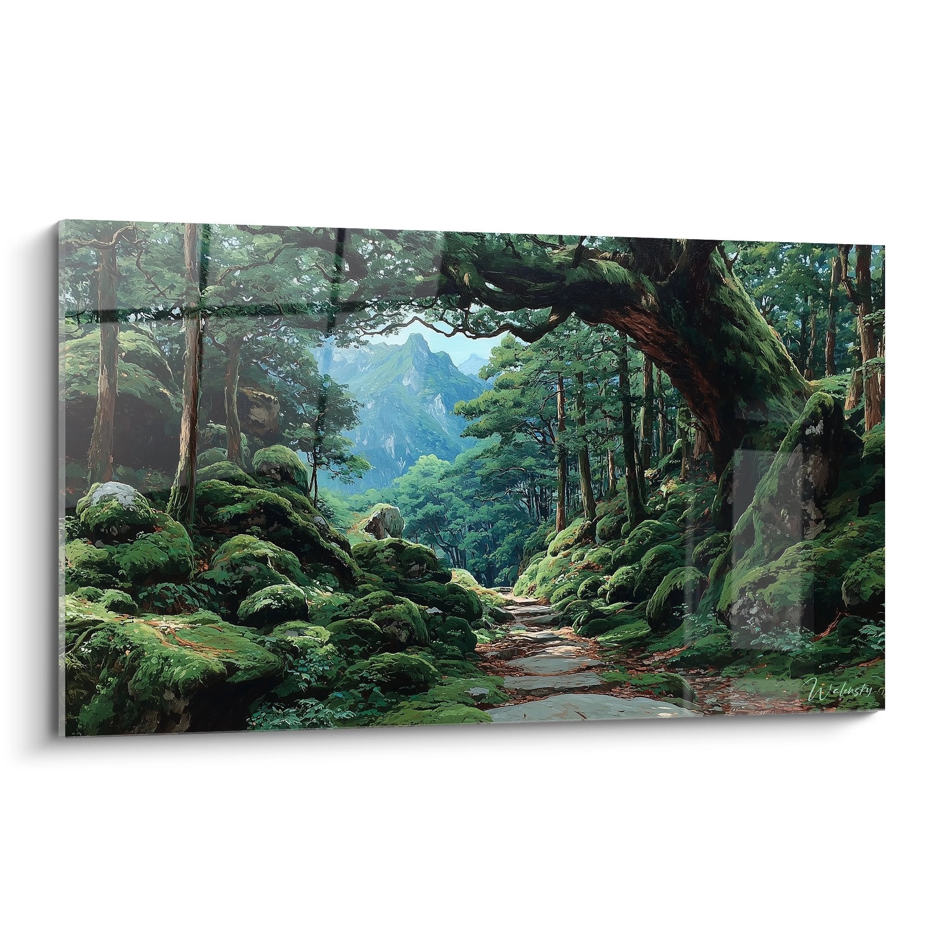 Tableau mural forêt mystique avec sentier vers montagnes et rochers moussus - art nature zen
