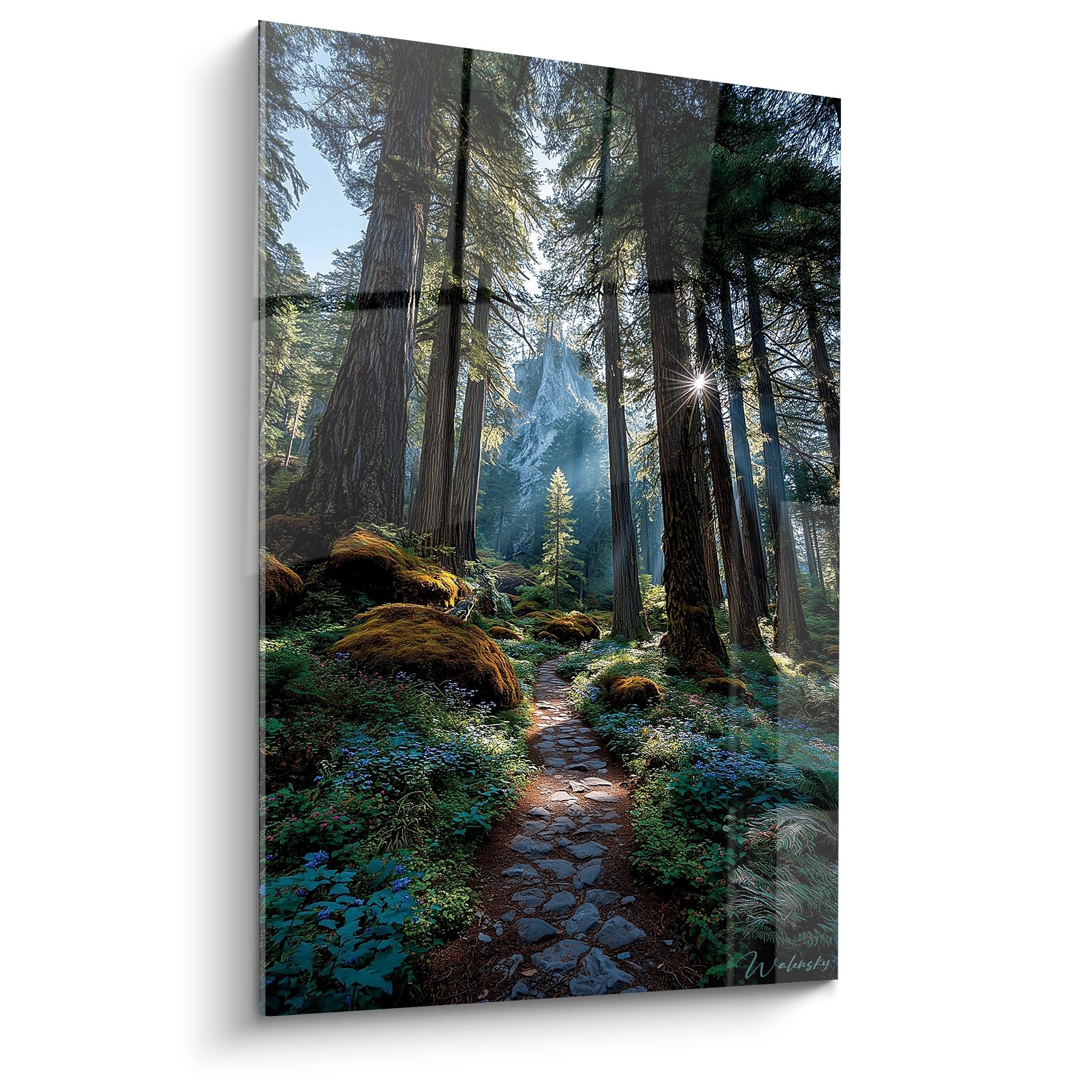 Tableau mural forêt mystique avec sentier pavé entre séquoias géants et rayons soleil