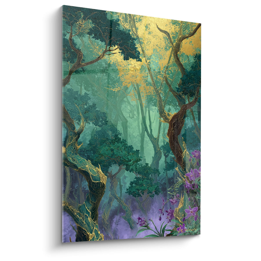Tableau Forêt Enchantée aux Tons Turquoise et Dorés avec Branches Sinueuses - Mystère Forestier - Edition Feng shui Sud-Est Bois