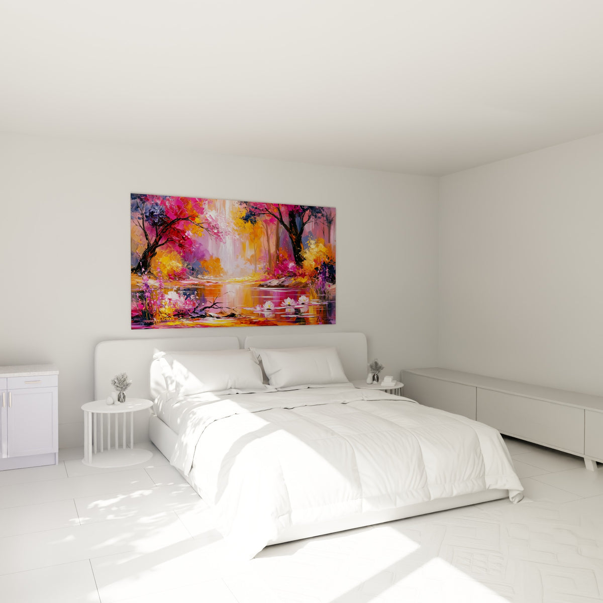 Clairière rose et orangée aux nénuphars blancs, au-dessus d'un lit dans une chambre claire