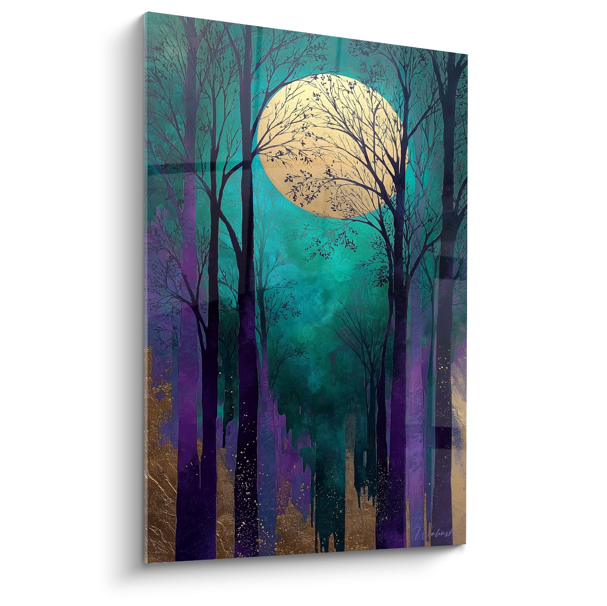 Tableau foret nocturne turquoise violet pleine lune doree arbres silhouettes feng shui sud-est bois mystique